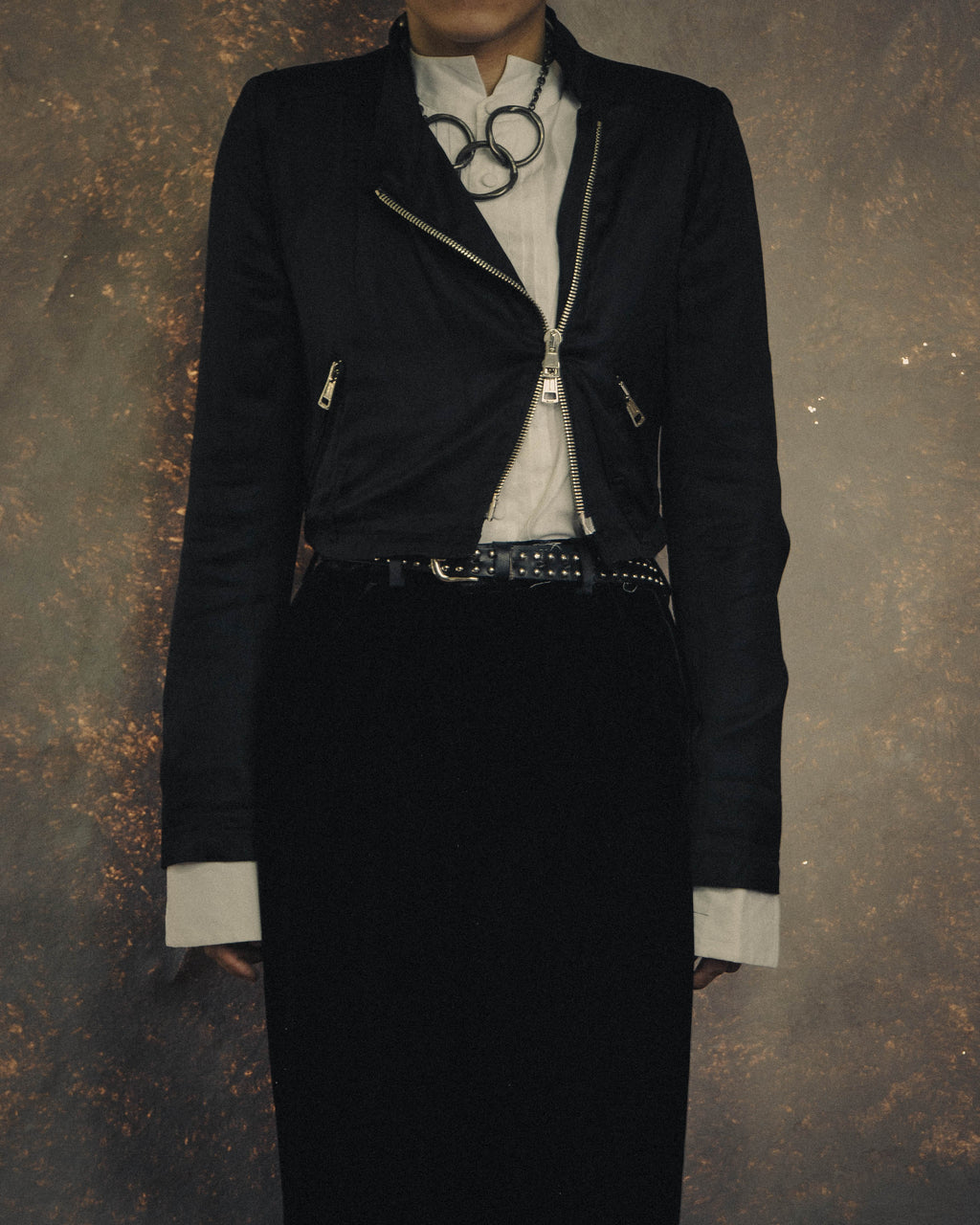 -SPECIAL- “ANN DEMEULEMEESTER” Pre-2012 asymmetric cropped satin biker jacket