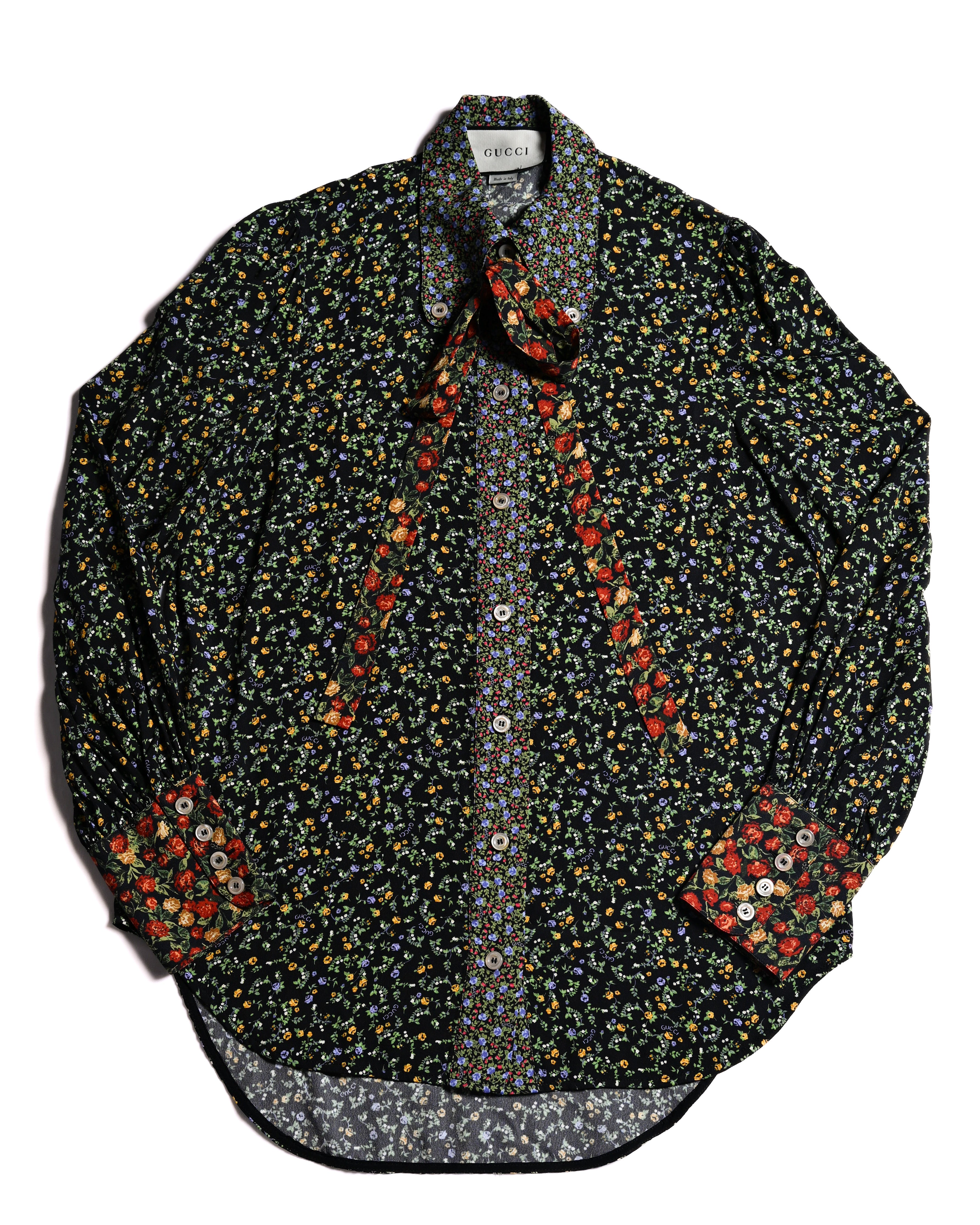 GUCCI × LIBERTY LONDON/ 2020AW Original Floral Pattern Fabric Ribbon Tie Button Down Shirt