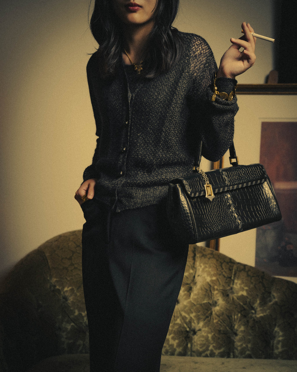 -SPECIAL- “Yves Saint Laurent” 80’s-90’s Crocodile embossed lace-up handbag