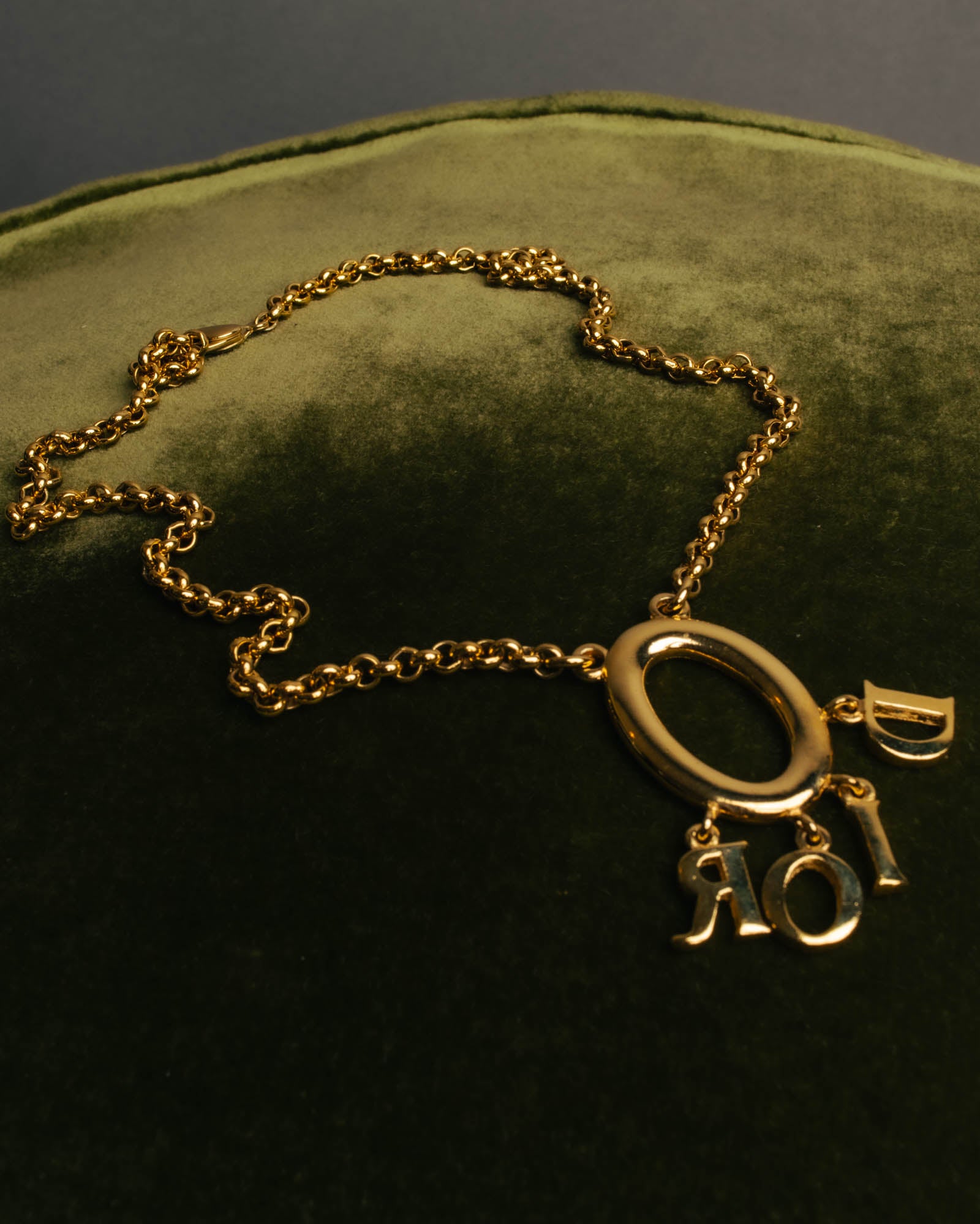 "Christian Dior" 90's-00's Gold tone logo charm pendant necklace
