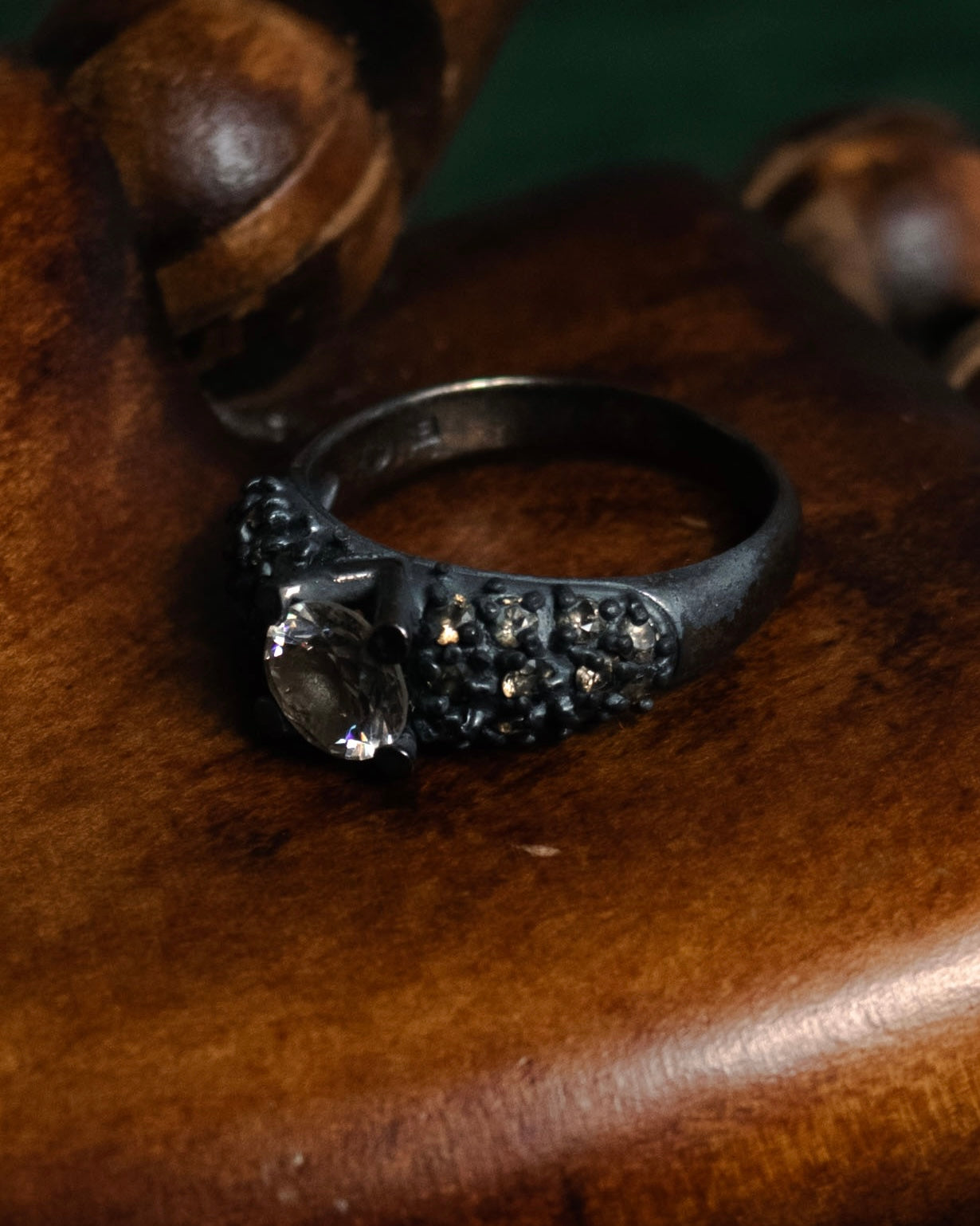 “Vintage” Textured pavé set solitaire ring