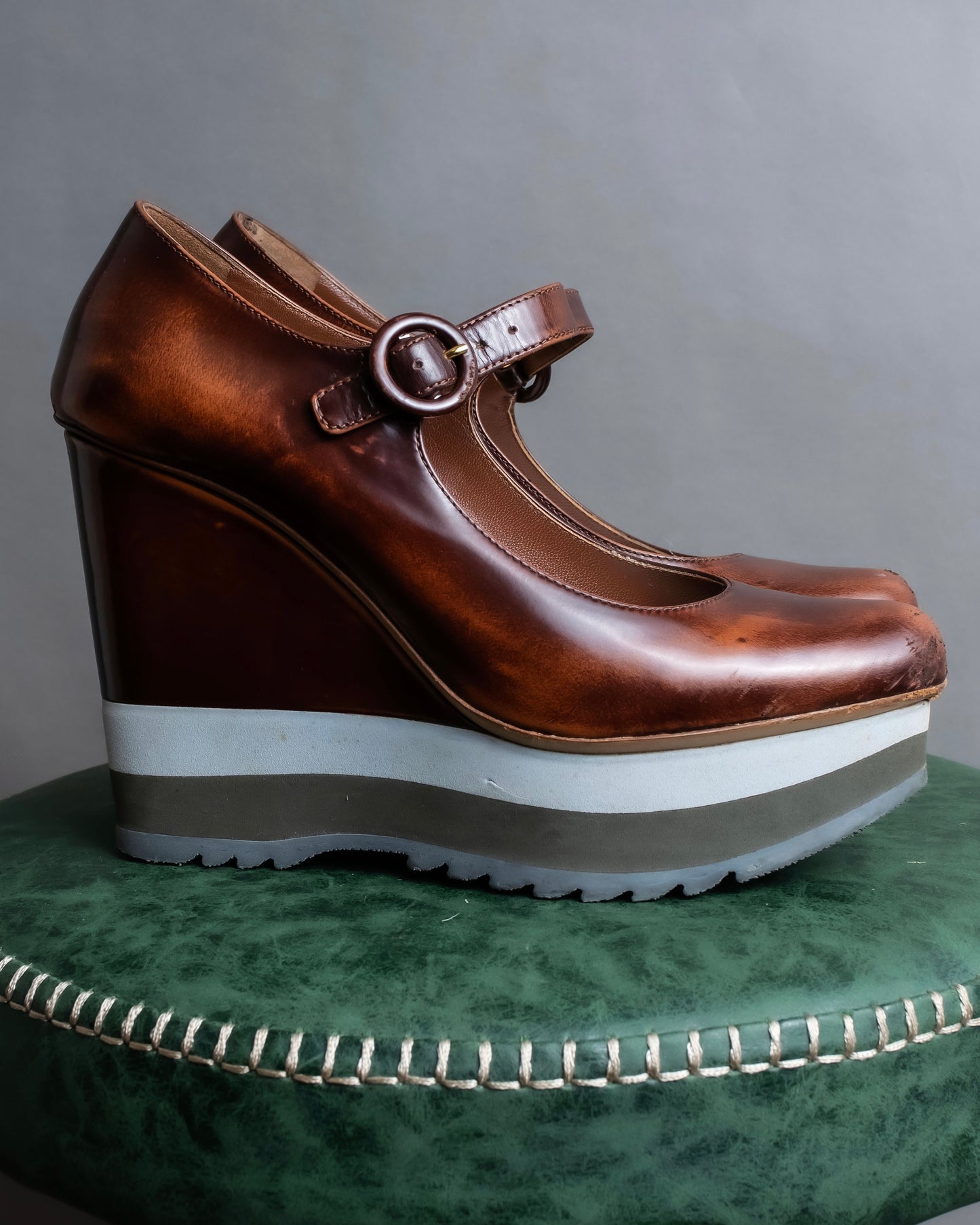 "PRADA" Brown leather stepped sole wedge heel pumps