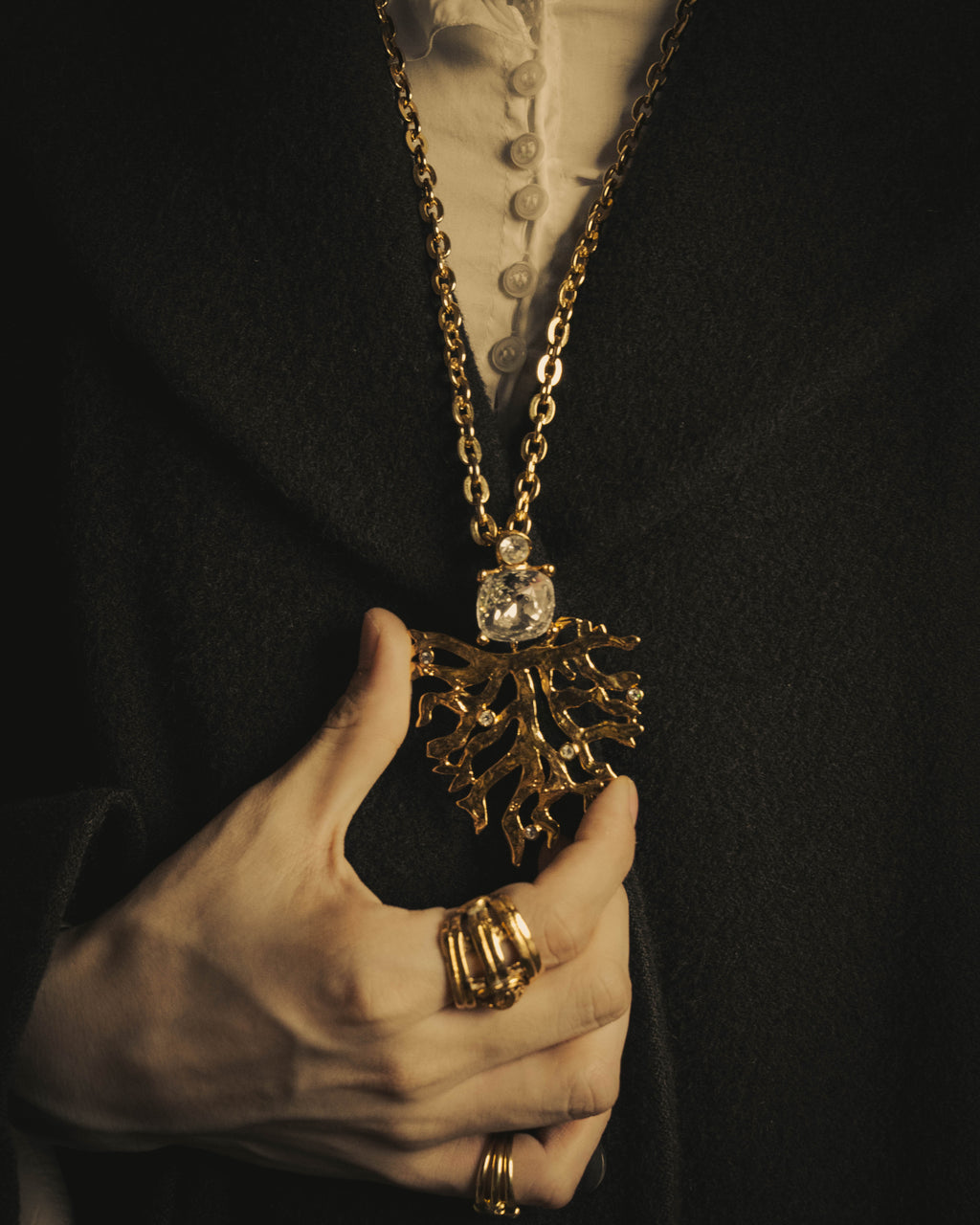 -SPECIAL- "Yves Saint Laurent" 90's-00's Sculptural coral motif crystal pendant necklace