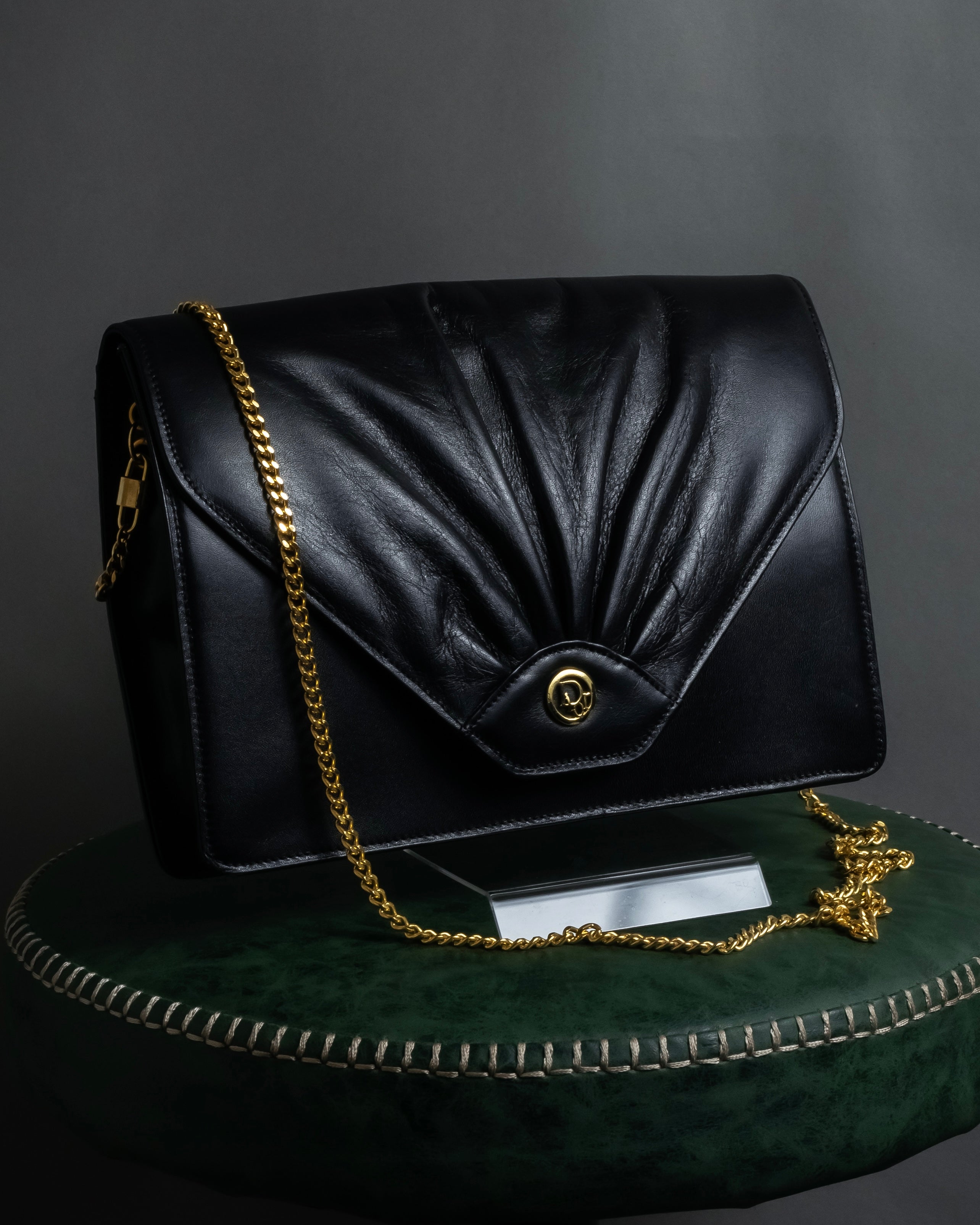 "Christian Dior" 70's-80's Radial drape design gold chain leather shoulder bag