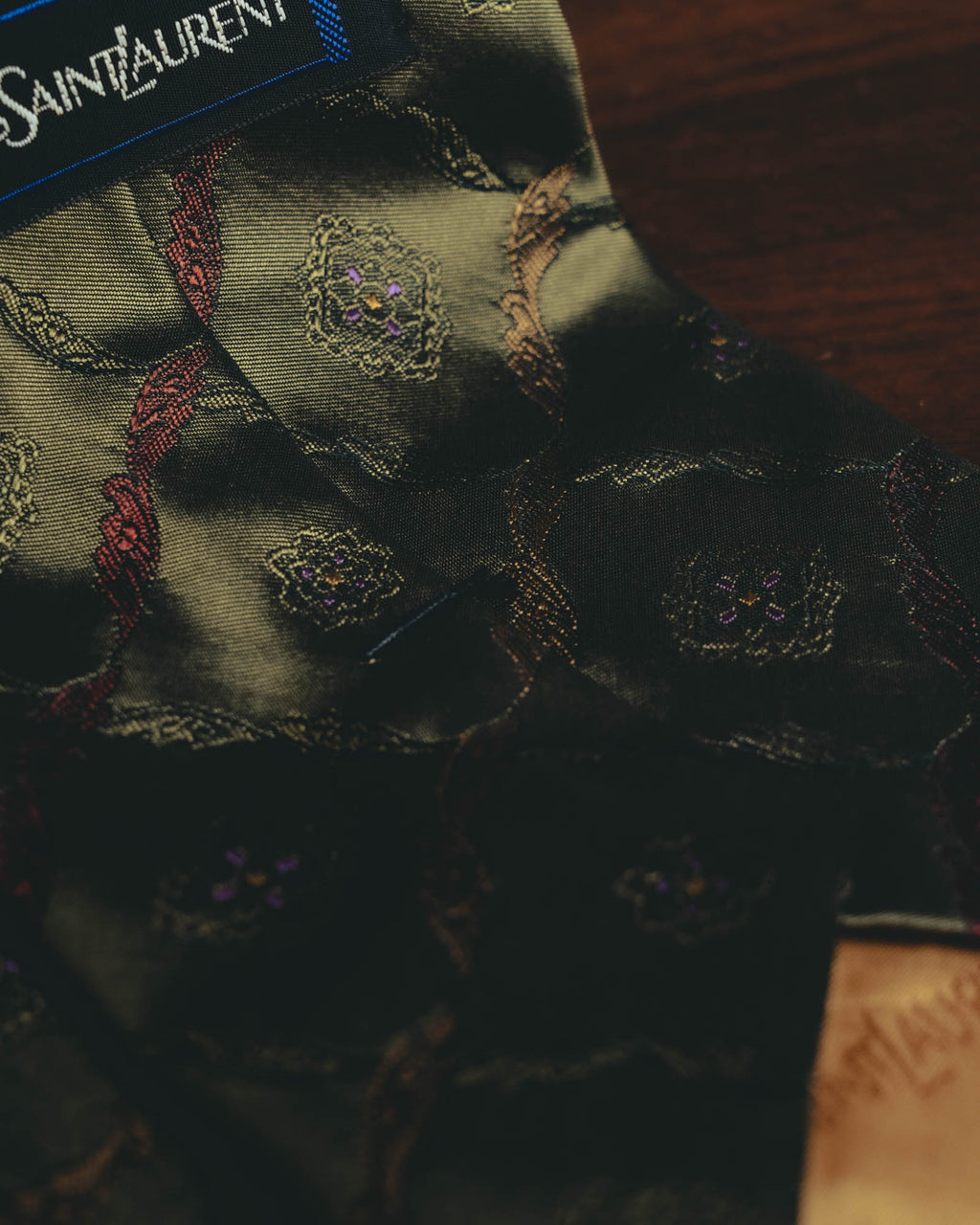 "Yves Saint Laurent" 80's-90's Olive silk jacquard necktie