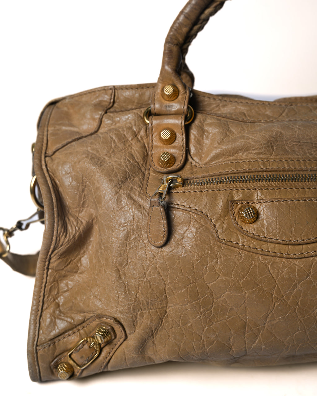 BALENCIAGA/ “Giant City” Gold Studs 2 Way Handbag Beige