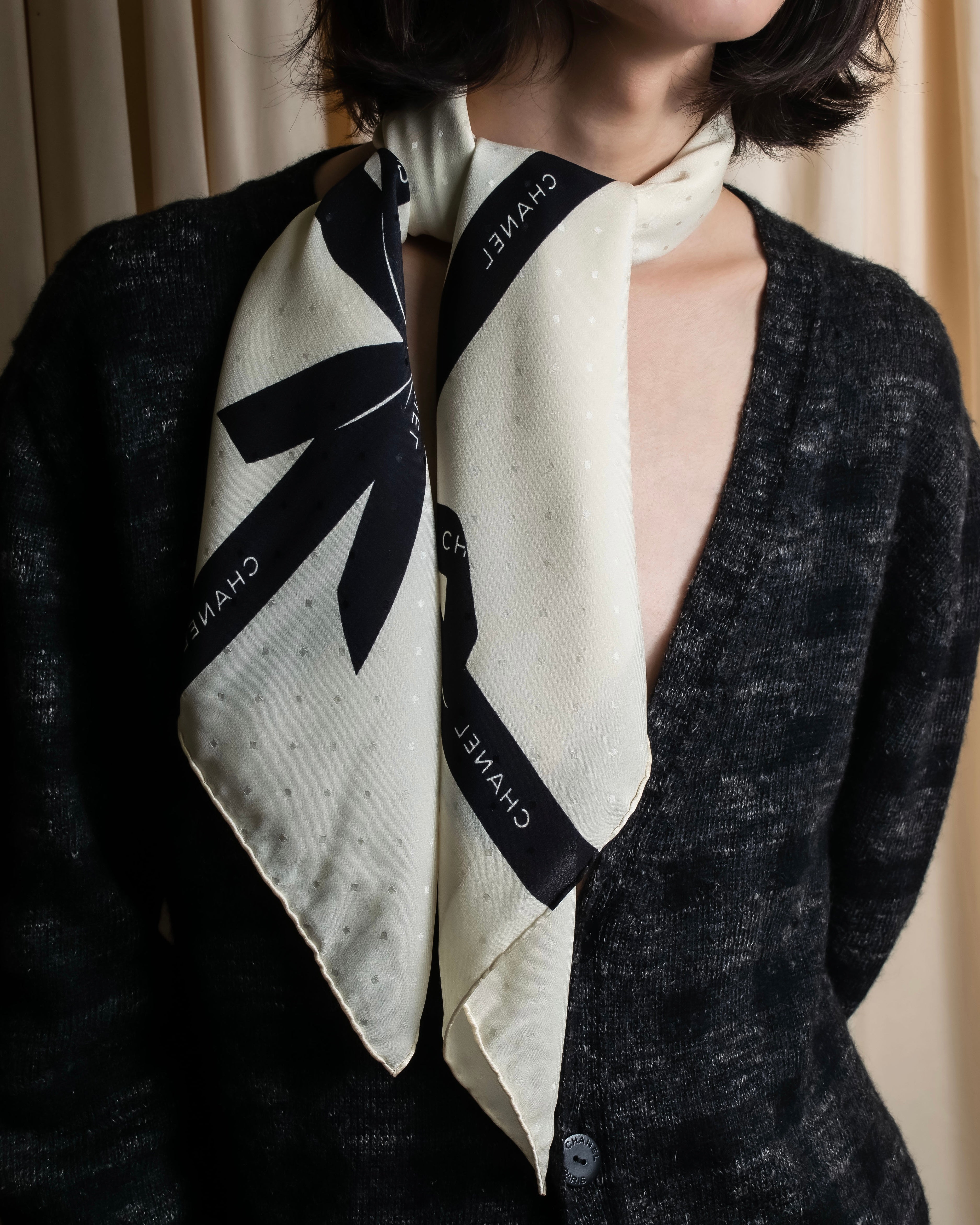 "CHANEL" Logo engraved ribbon motif design large scarf