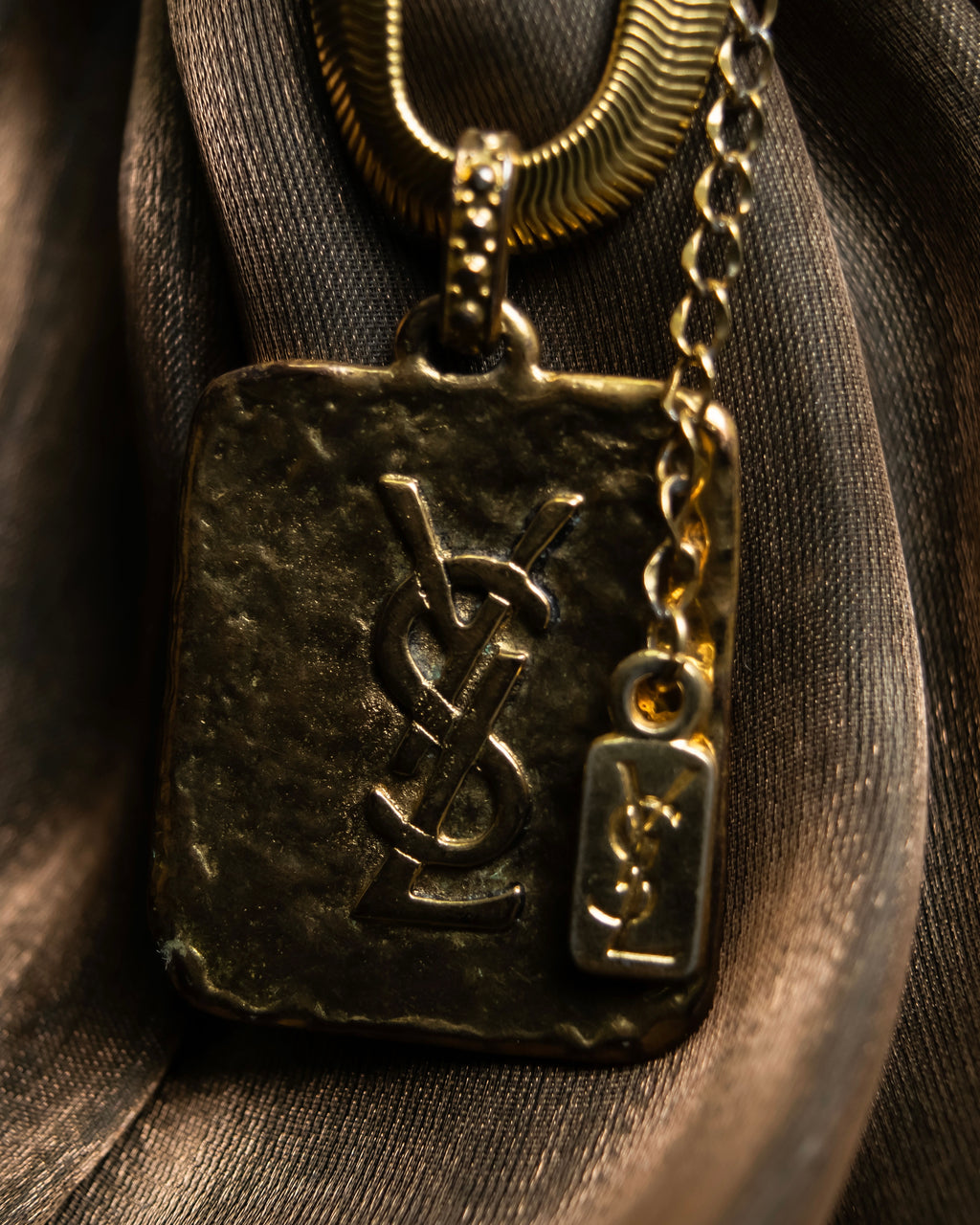 "Yves Saint Laurent" YSL logo plate gold necklace