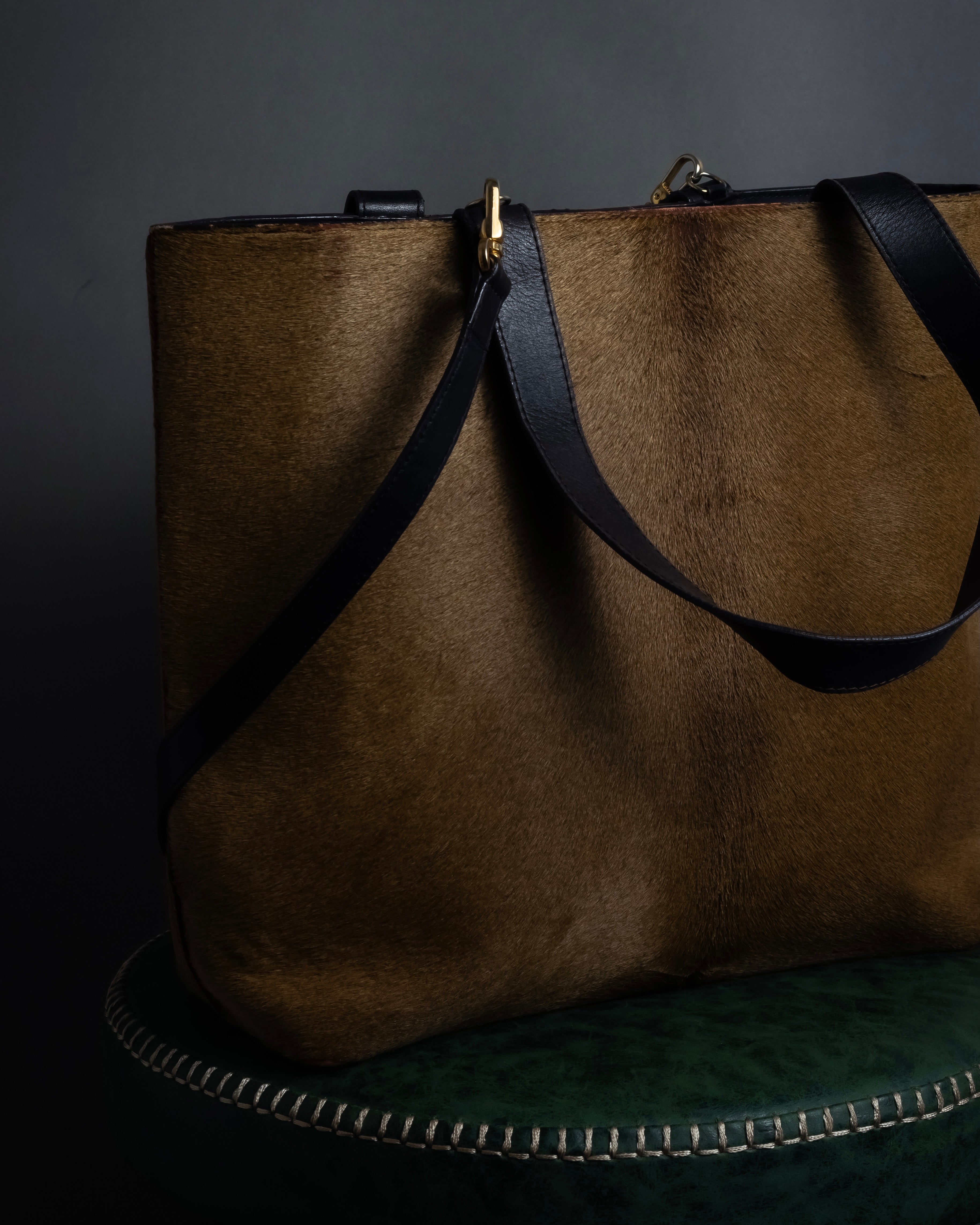 "YVES SAINT LAURENT" Hand-stitched design hair calf leather tote bag