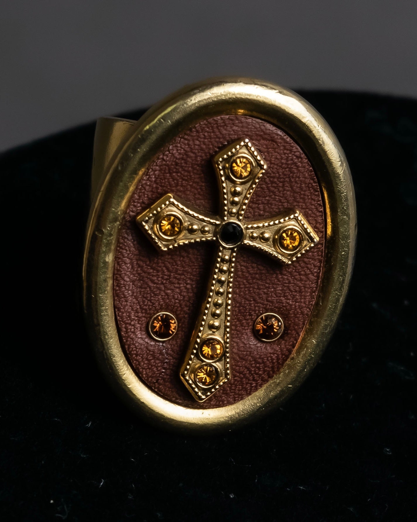 "JEAN PAUL GAULTIER" Cross motif leather panel gold ring