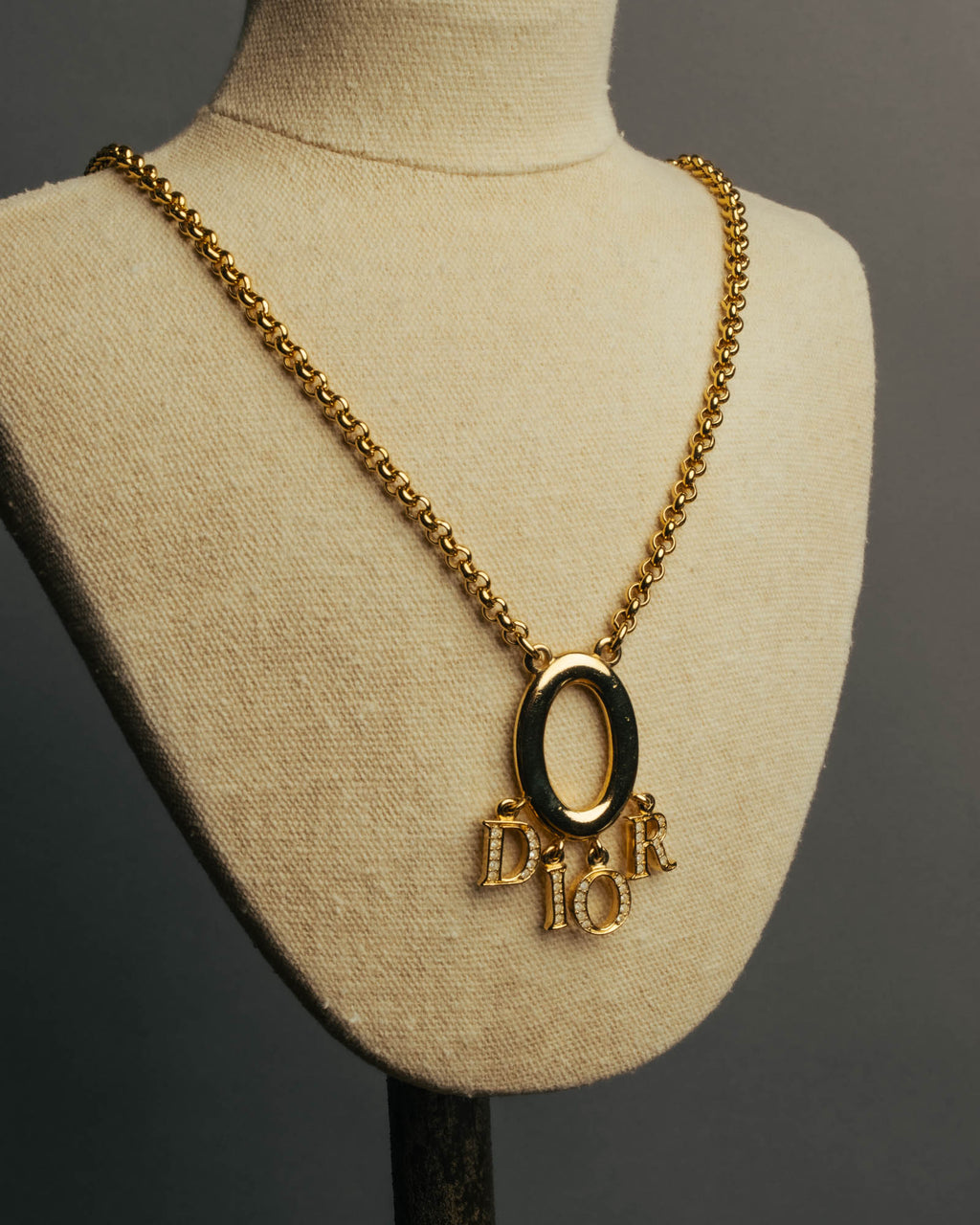 "Christian Dior" 90's-00's Gold tone logo charm pendant necklace