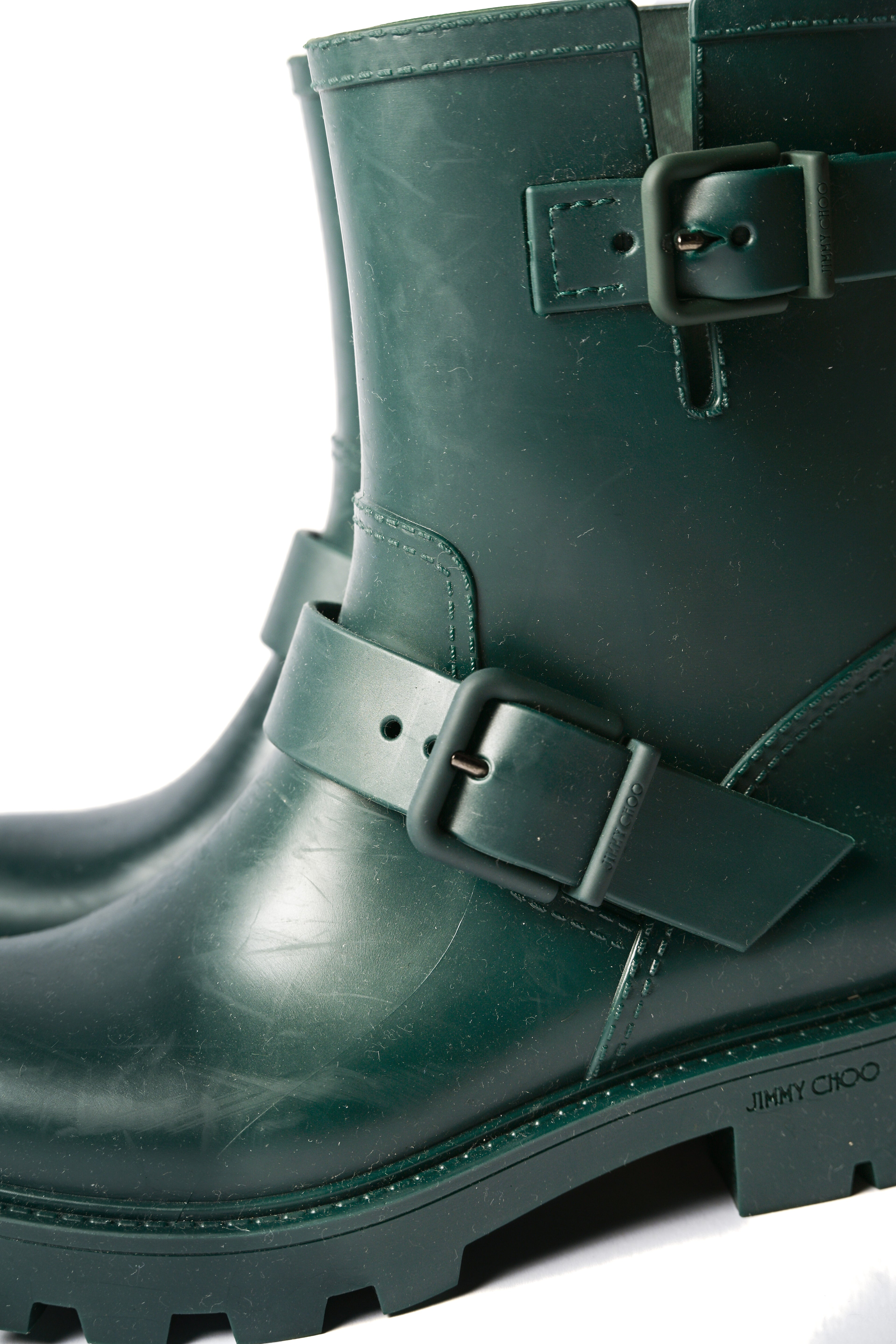 JIMMY CHOO/ Belts Detailed Rubber Rain Boots Dark Green