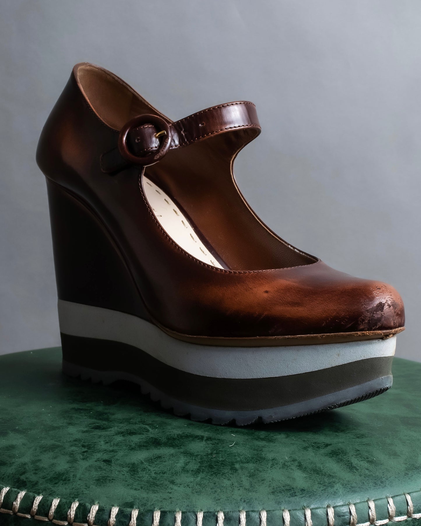 "PRADA" Brown leather stepped sole wedge heel pumps