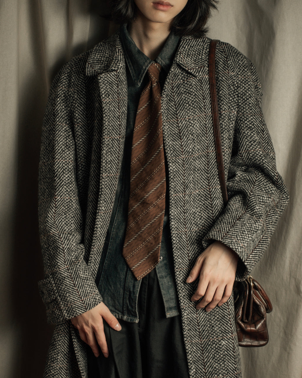 "BURBERRYS" British tweed fly front stand collar coat