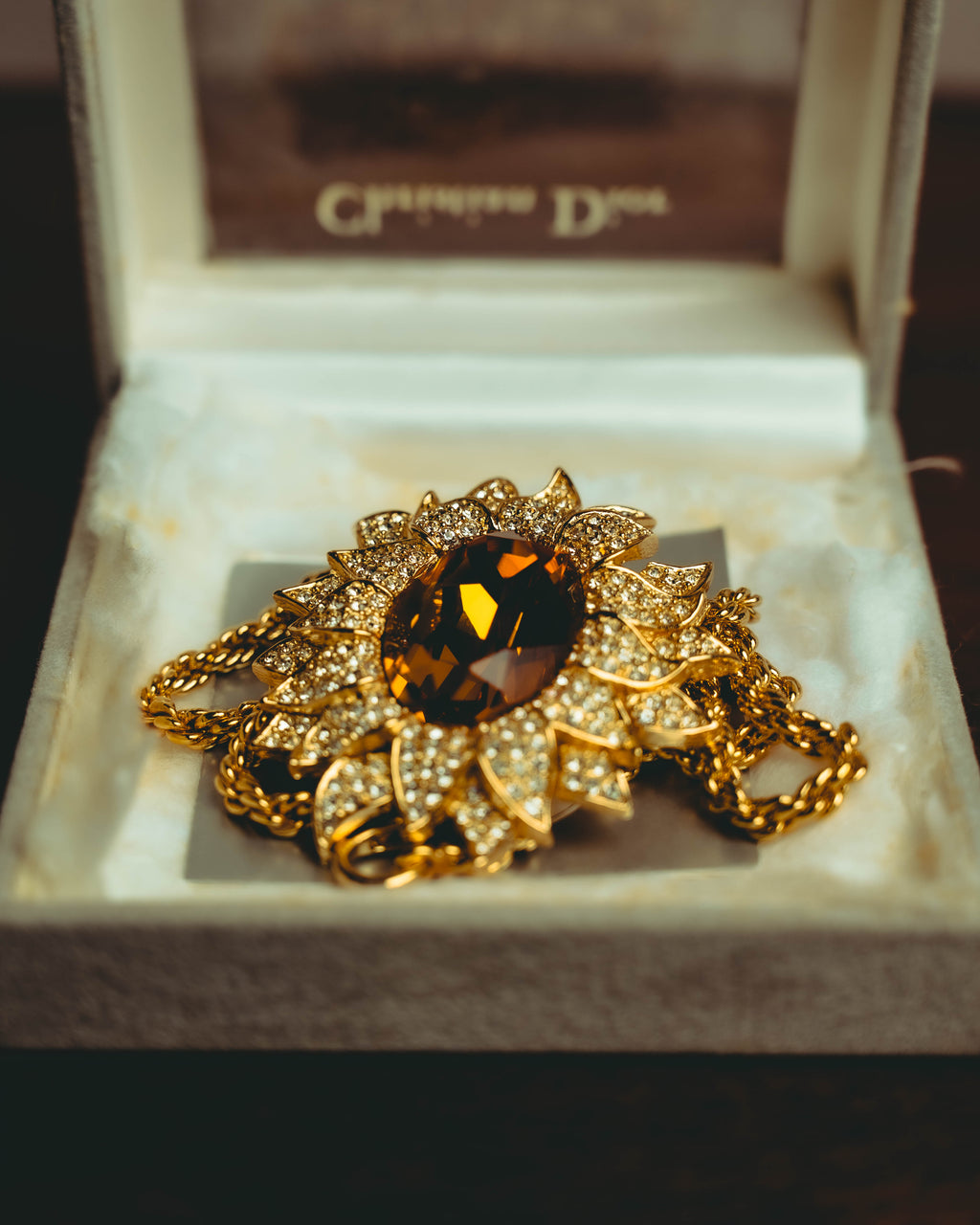 -SPECIAL- “Christian Dior” 80’s-90’s Sunburst amber glass pendant brooch