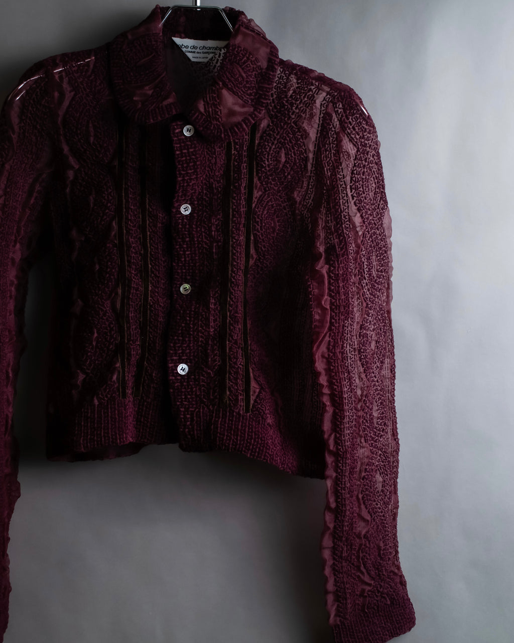 "robe de chambre COMME des GARCONS" Cable knit sheer shirt collar cardigan