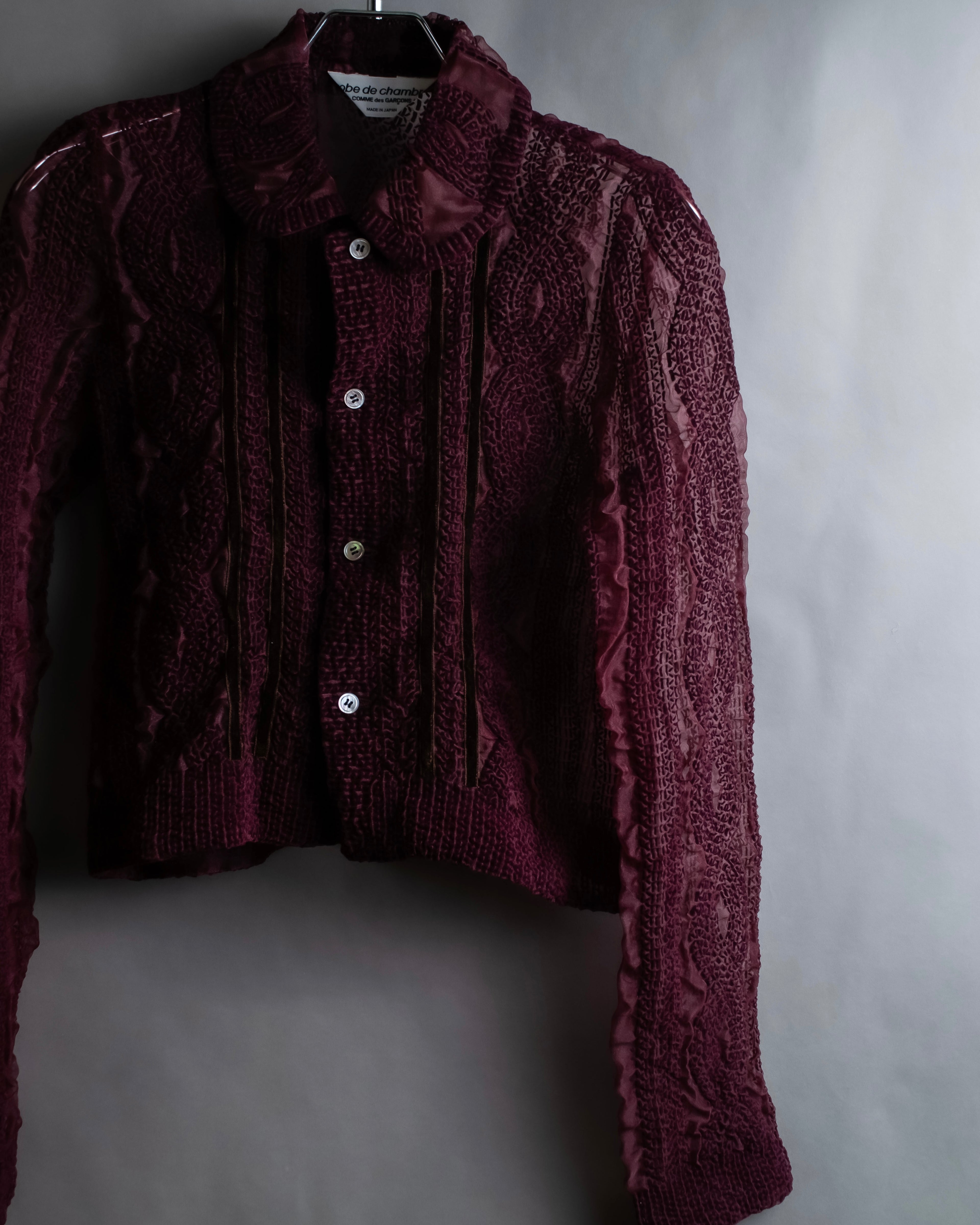 "robe de chambre COMME des GARCONS" Cable knit sheer shirt collar cardigan