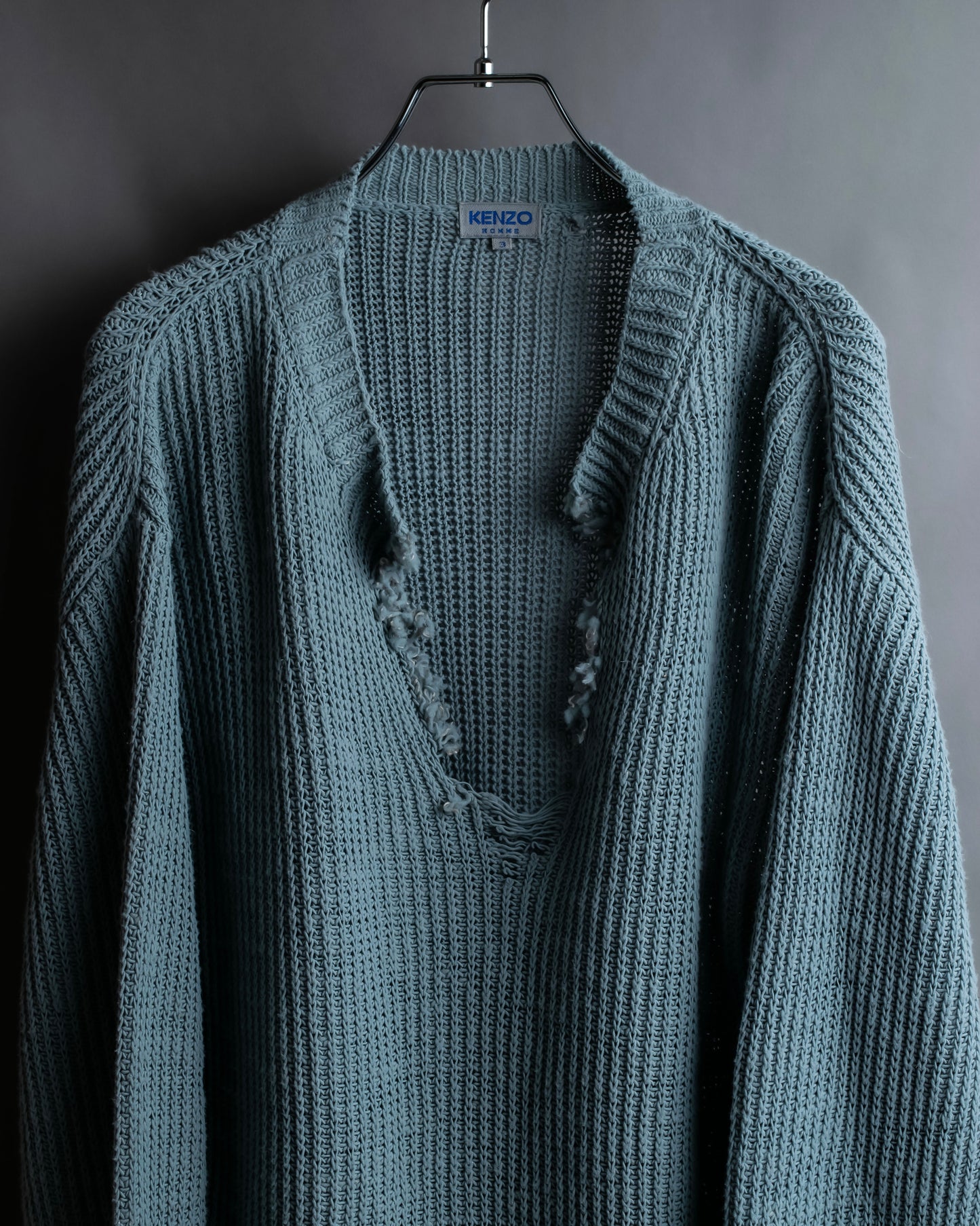 "KENZO" Dull blue oversized distressed V-neck knit