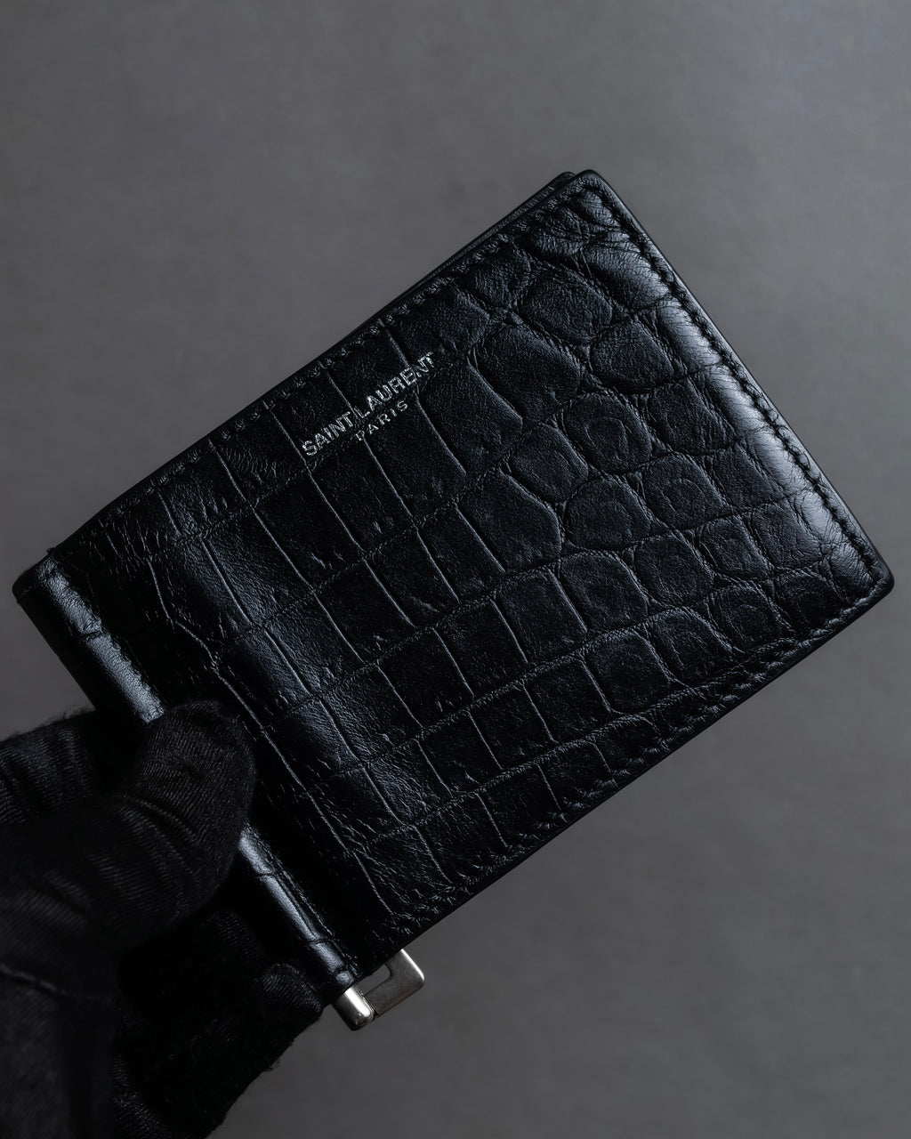 "Saint Laurent" Crocodile embossed leather bi-fold money clip