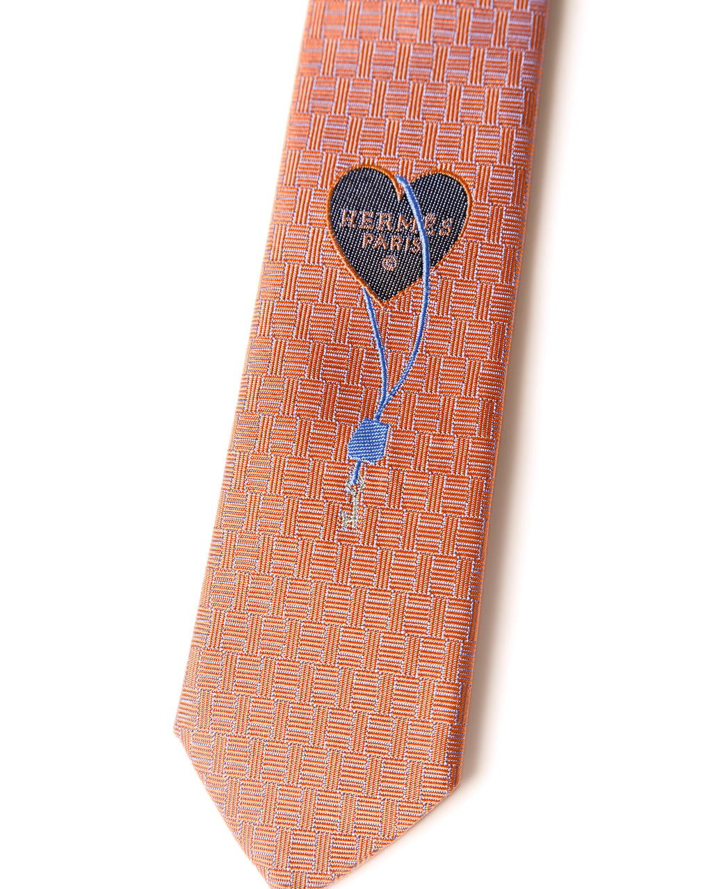 HERMES/ Heart Lock Motif H Patterned Silk Tie Orange