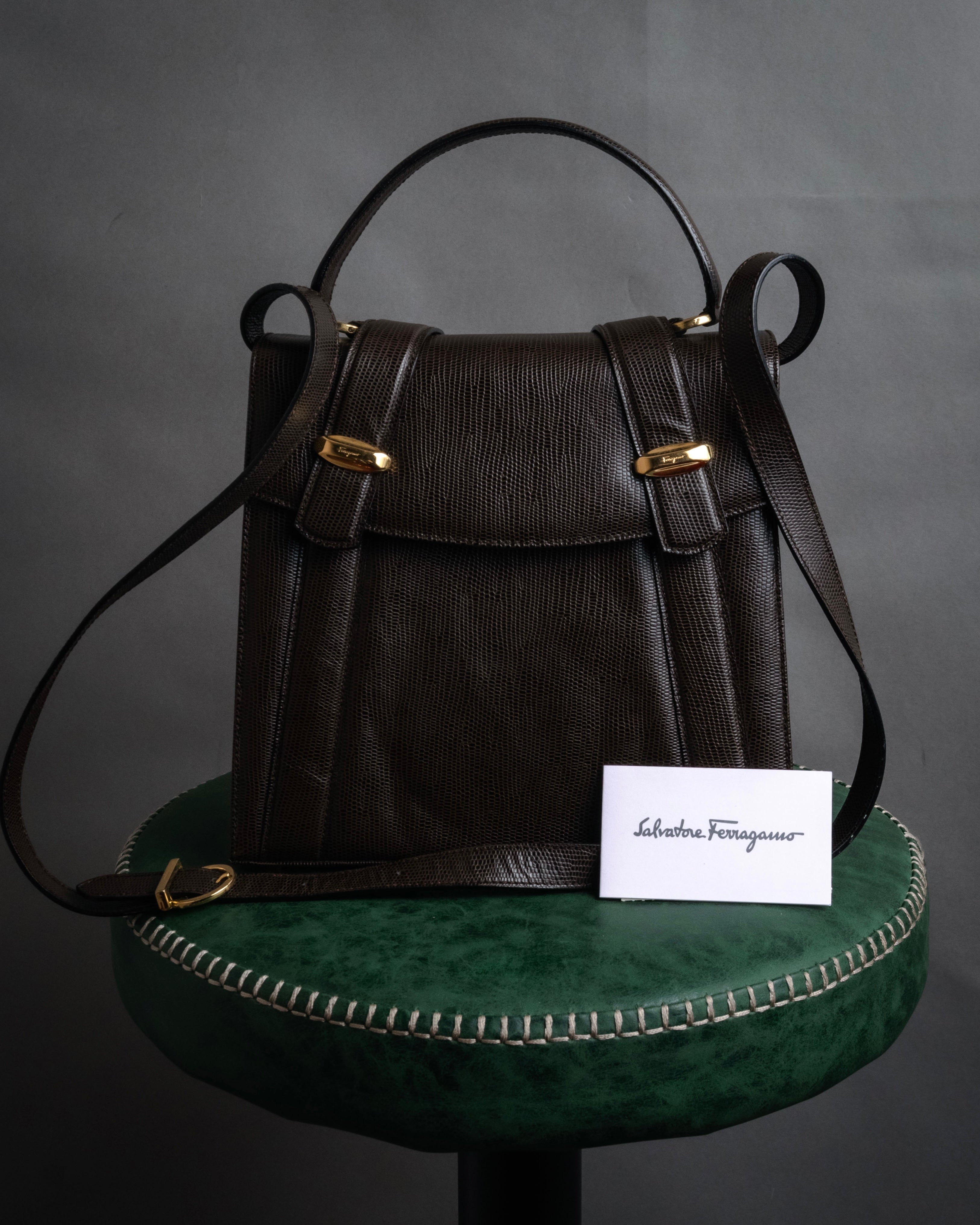 “Salvatore Ferragamo” 90’s Lizard embossed top handle shoulder bag