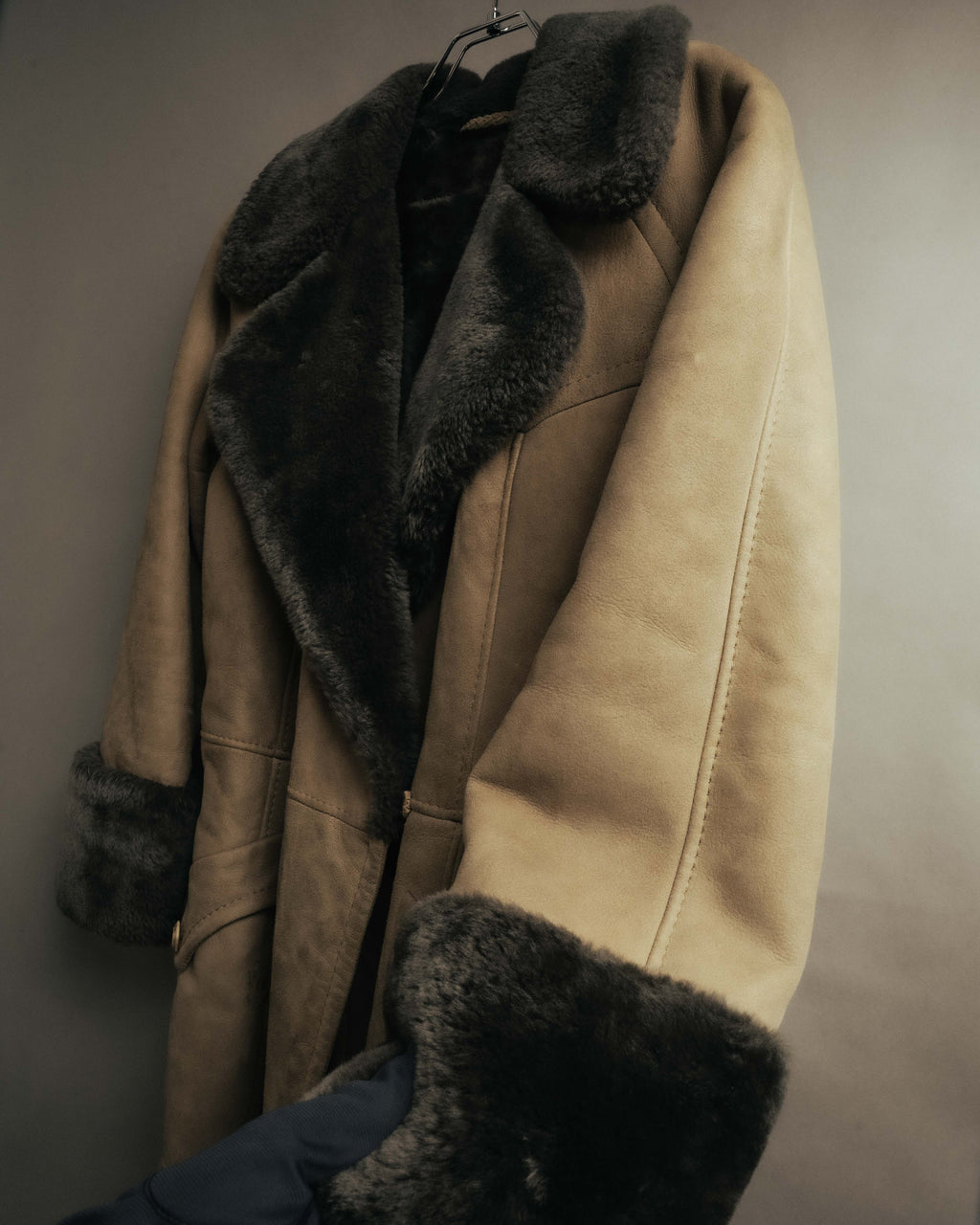 “LOEWE” 70’s-early 90’s Suede shearling belted long coat