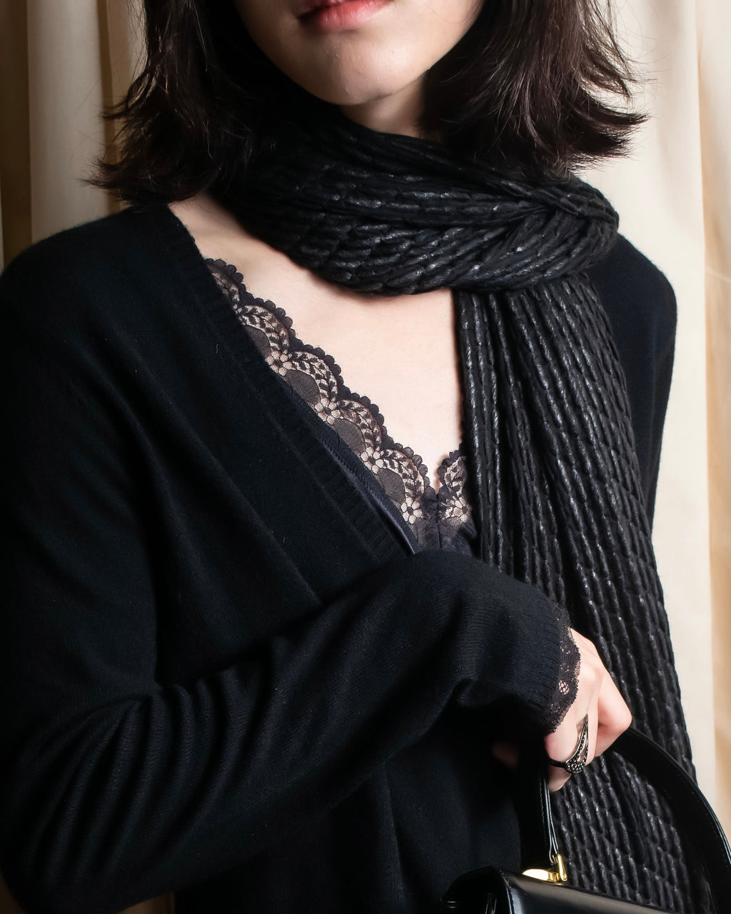 "GIORGIO ARMANI" Waffle low gauge knit fringe design stole