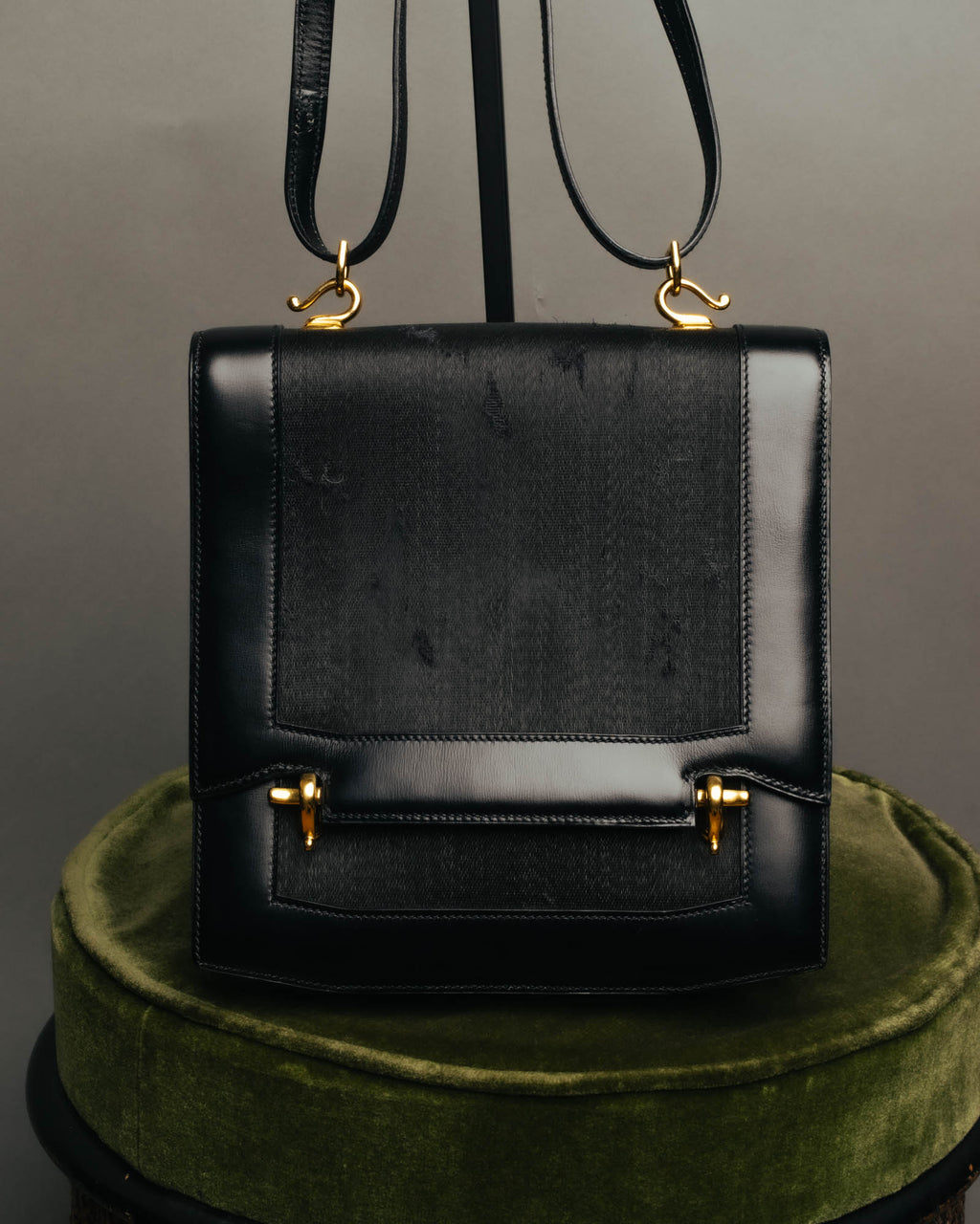 -SPECIAL- “HERMÈS” 80’s-90’s Camargue black leather and canvas shoulder bag