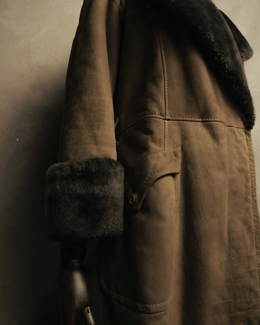 “LOEWE” 70’s-early 90’s Suede shearling belted long coat