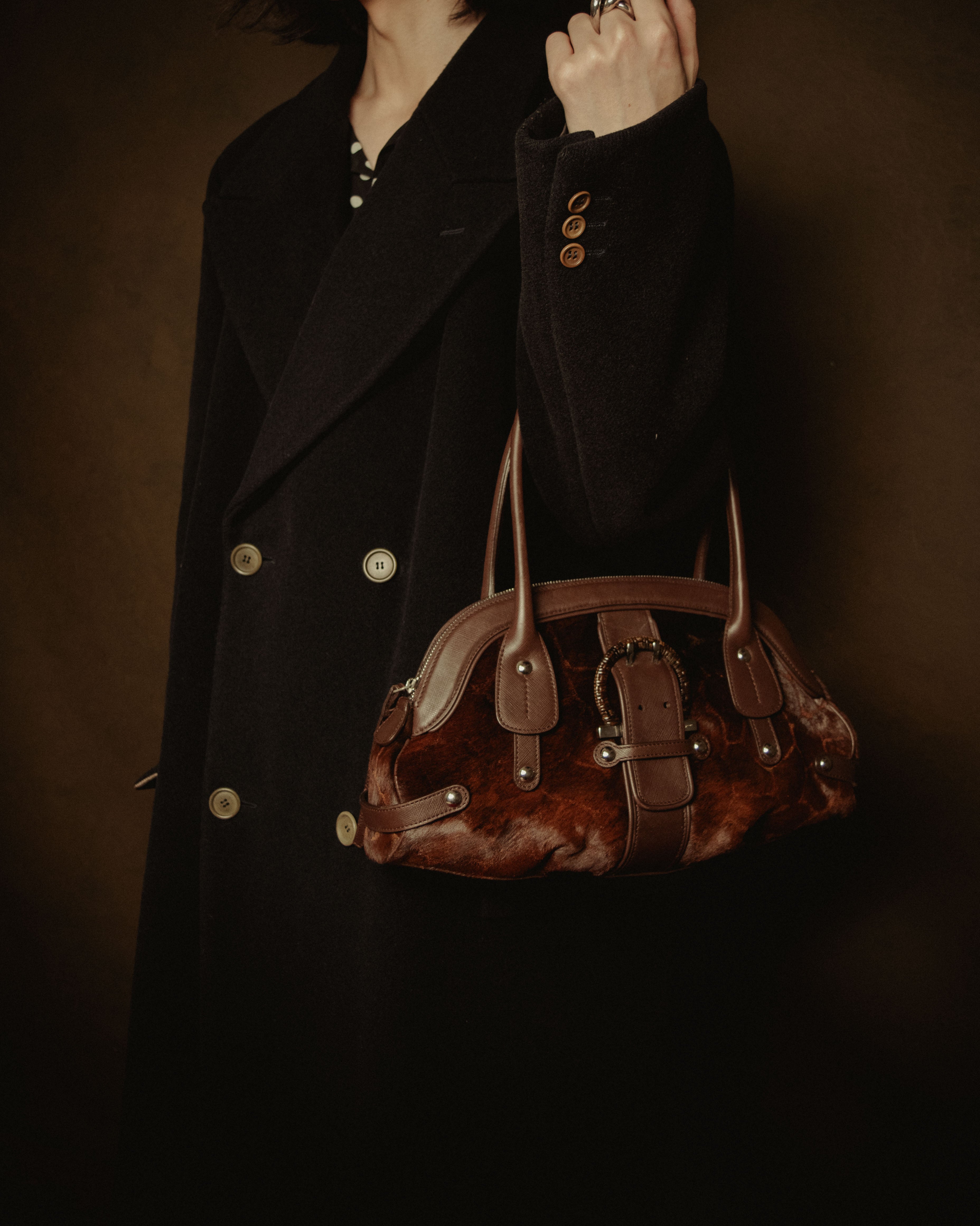 –SPECIAL– "Salvatore Ferragamo" 00’s calf hair gancini rattan accent handbag