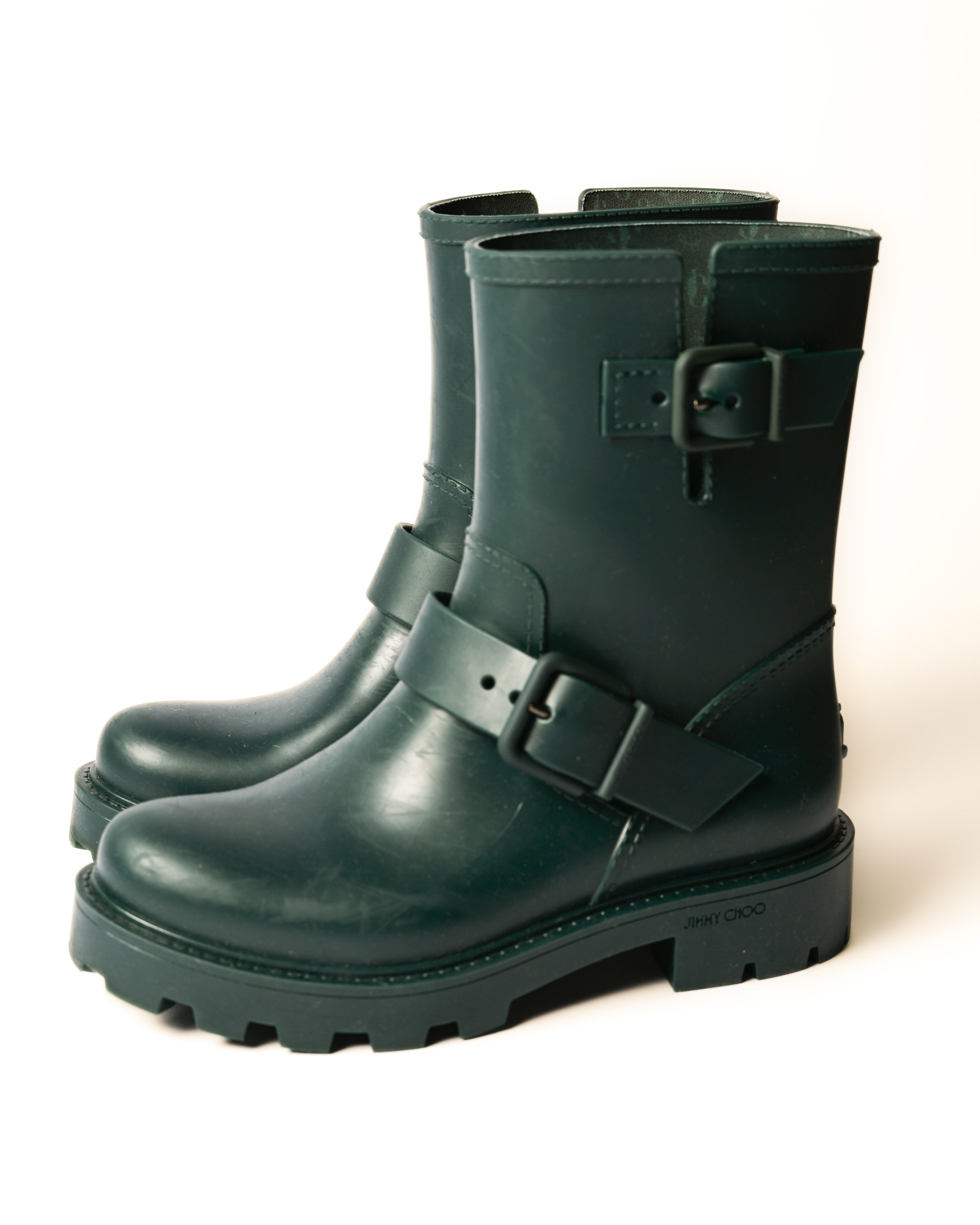 JIMMY CHOO/ Belts Detailed Rubber Rain Boots Dark Green