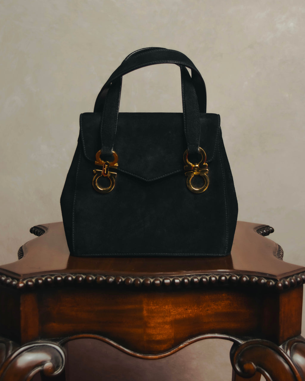 "Salvatore Ferragamo" 90's Black suede top handle handbag