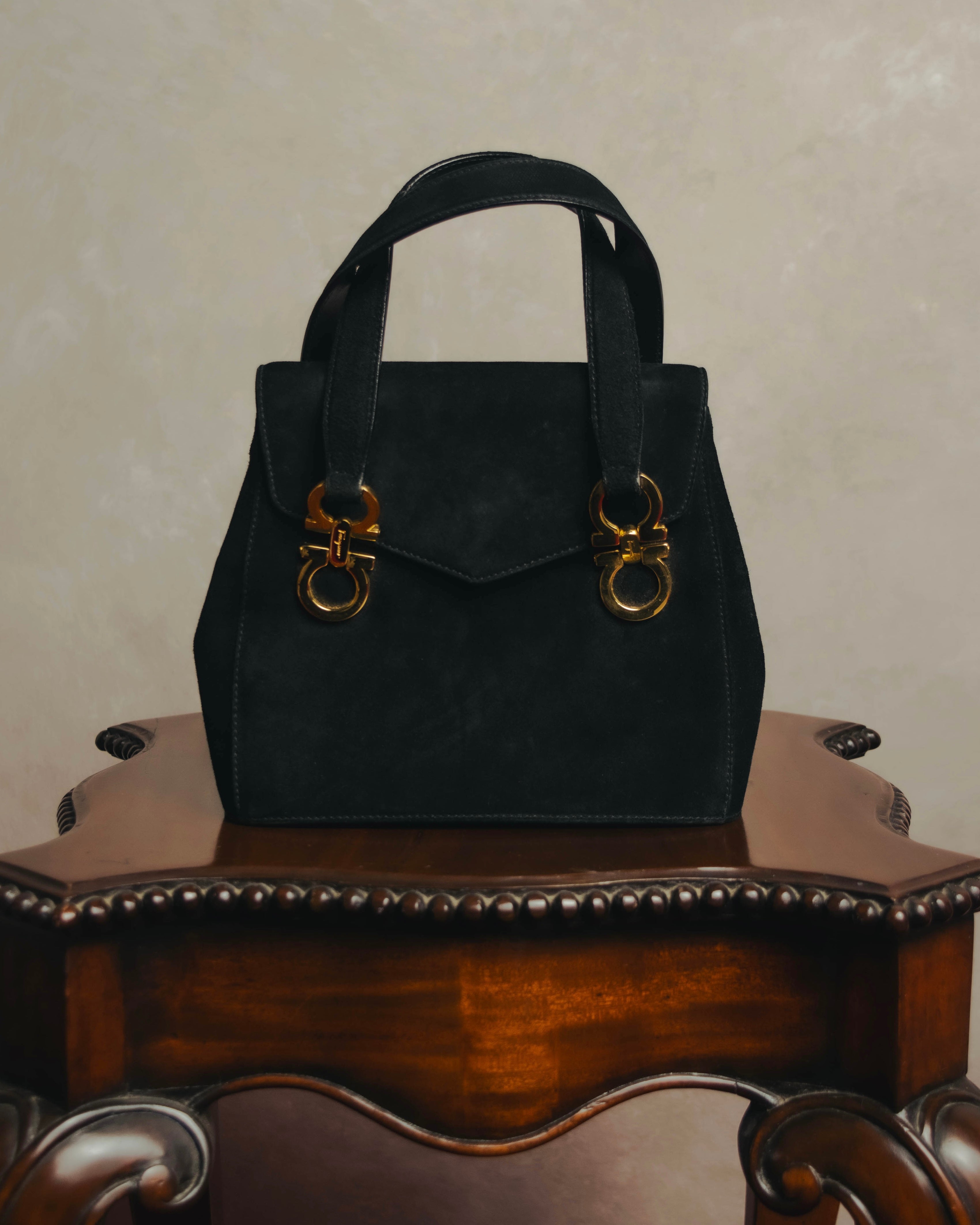 "Salvatore Ferragamo" 90's Black suede top handle handbag