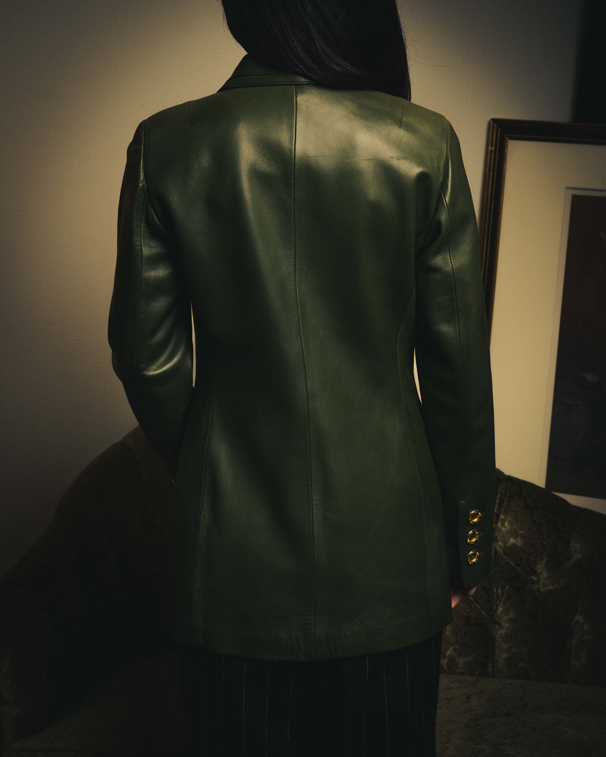-SPECIAL- “LOEWE” 80’s-90’s Gold buttoned olive leather double-breasted tailored jacket
