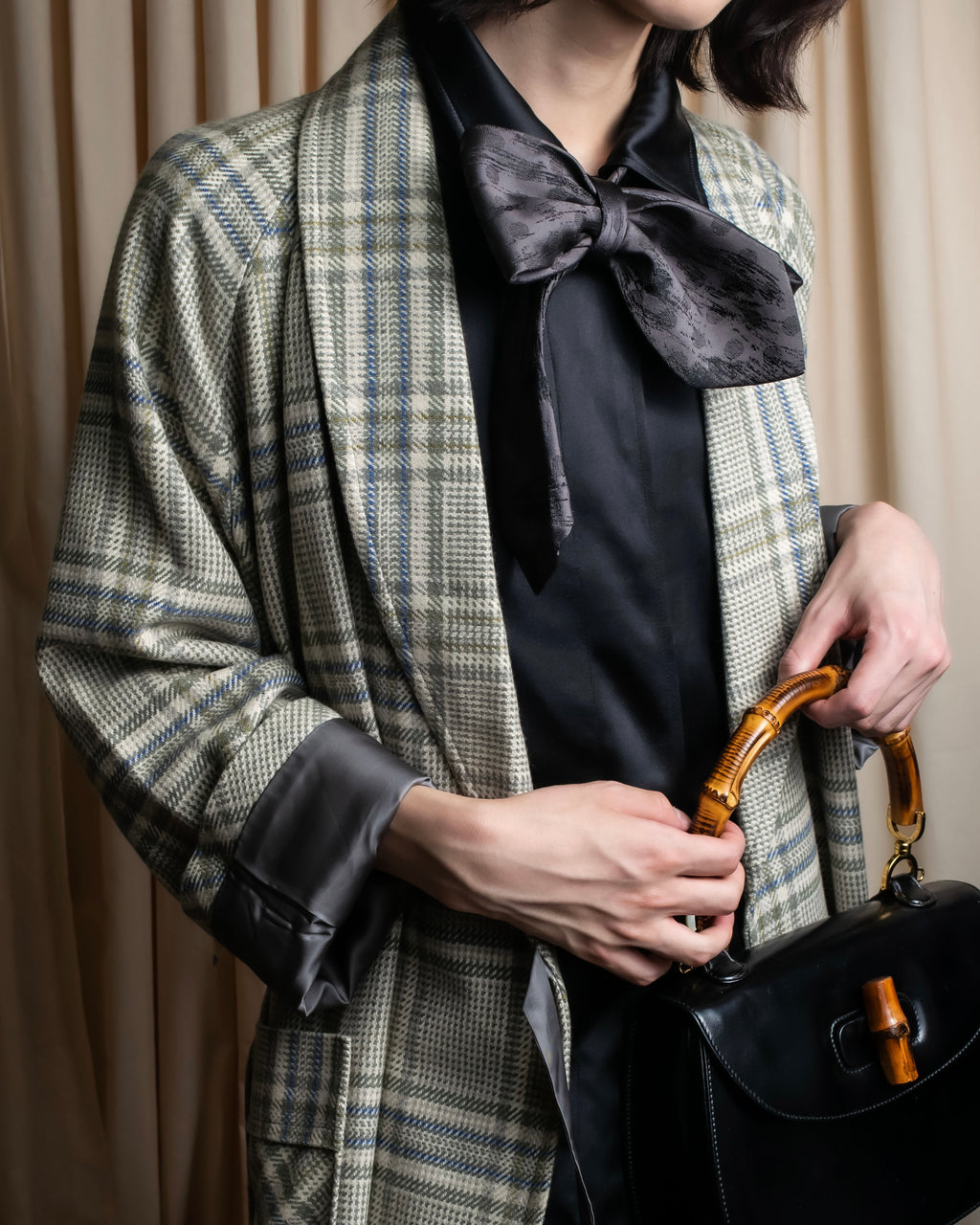 "PIERRE BALMAIN" Glen check belted gown coat