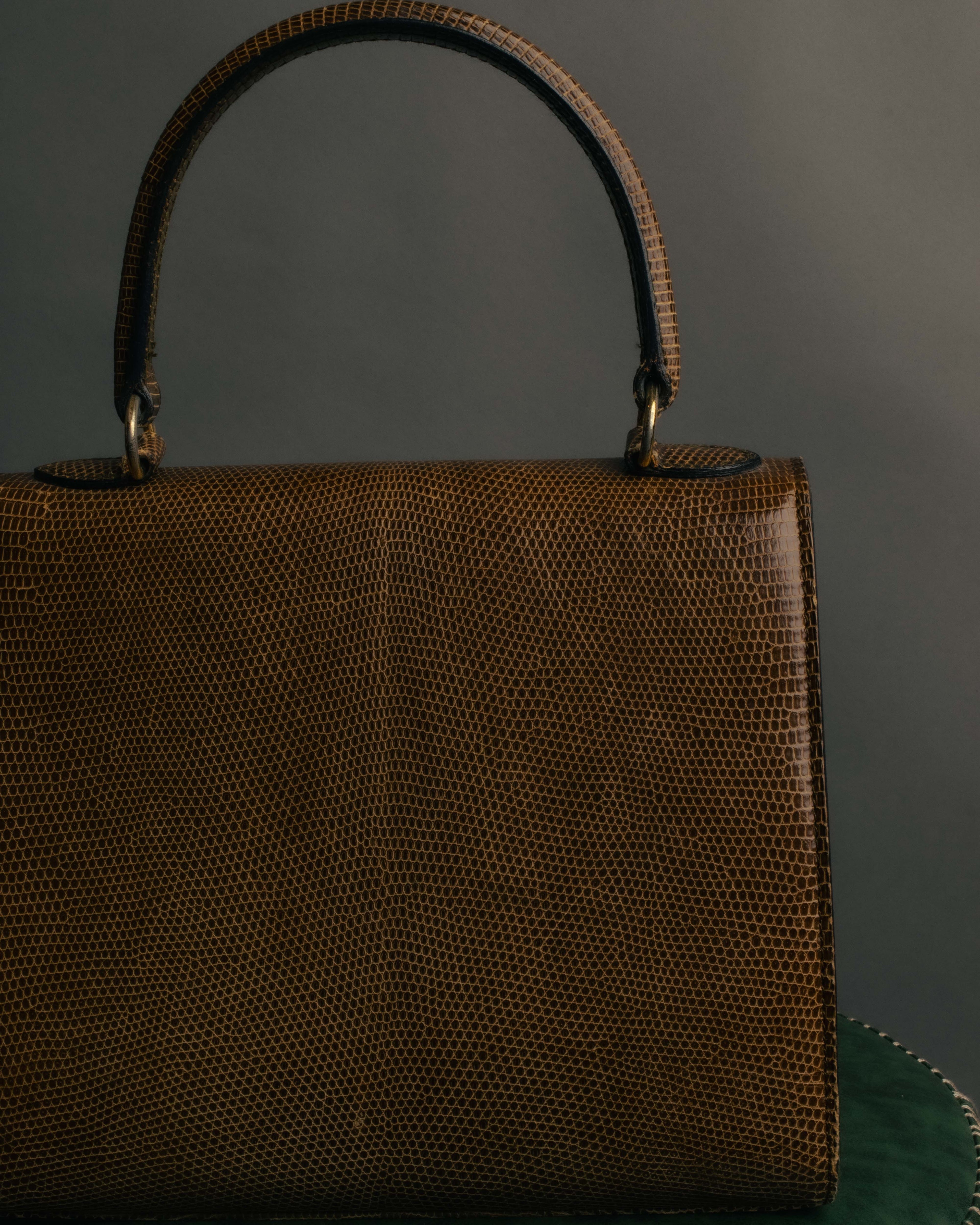 "CELINE" 70's-80's Structured lizard embossed leather top handle handbag