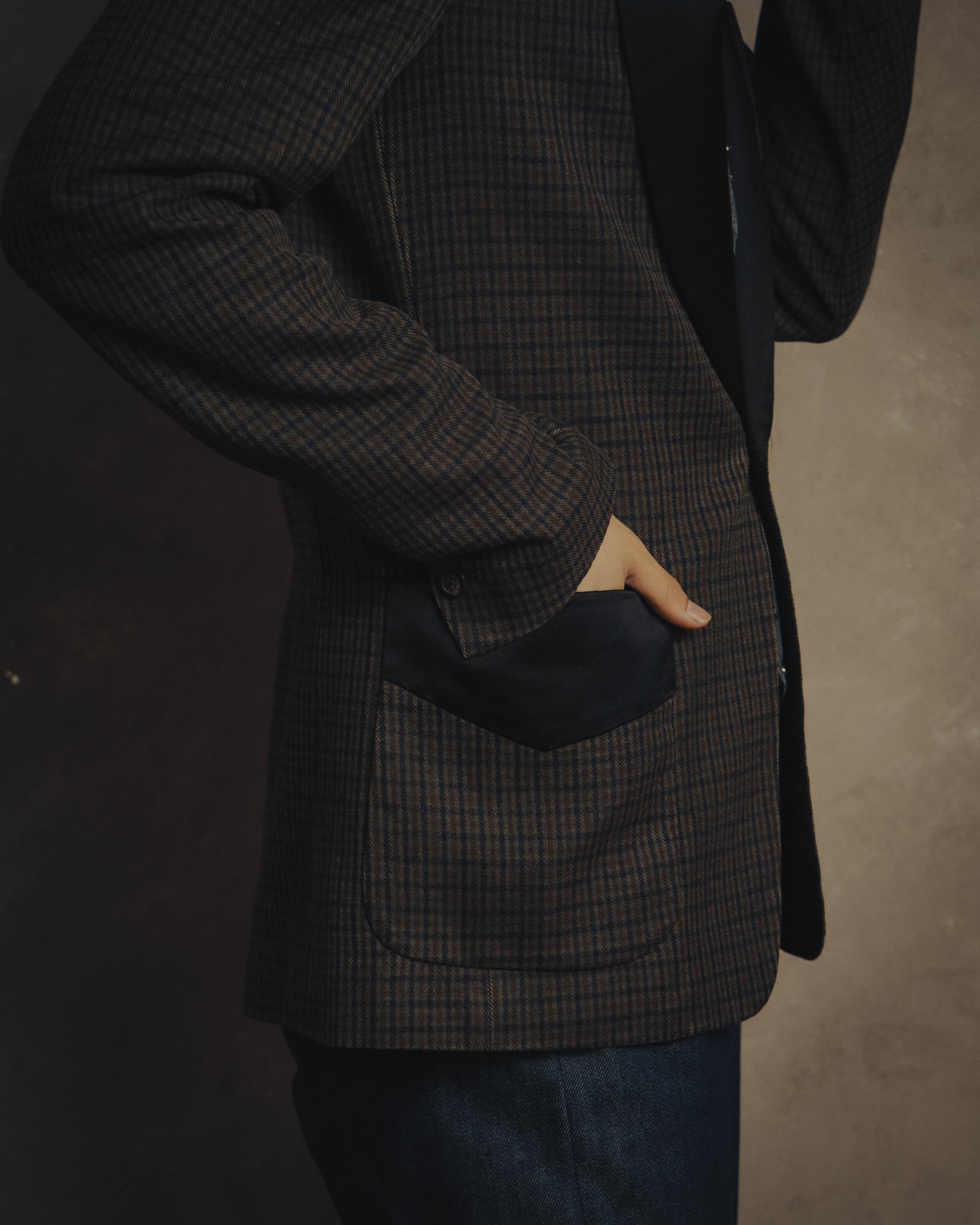-SPECIAL- "Maison Martin Margiela" 00's Check shawl collar smoking jacket with satin contrast