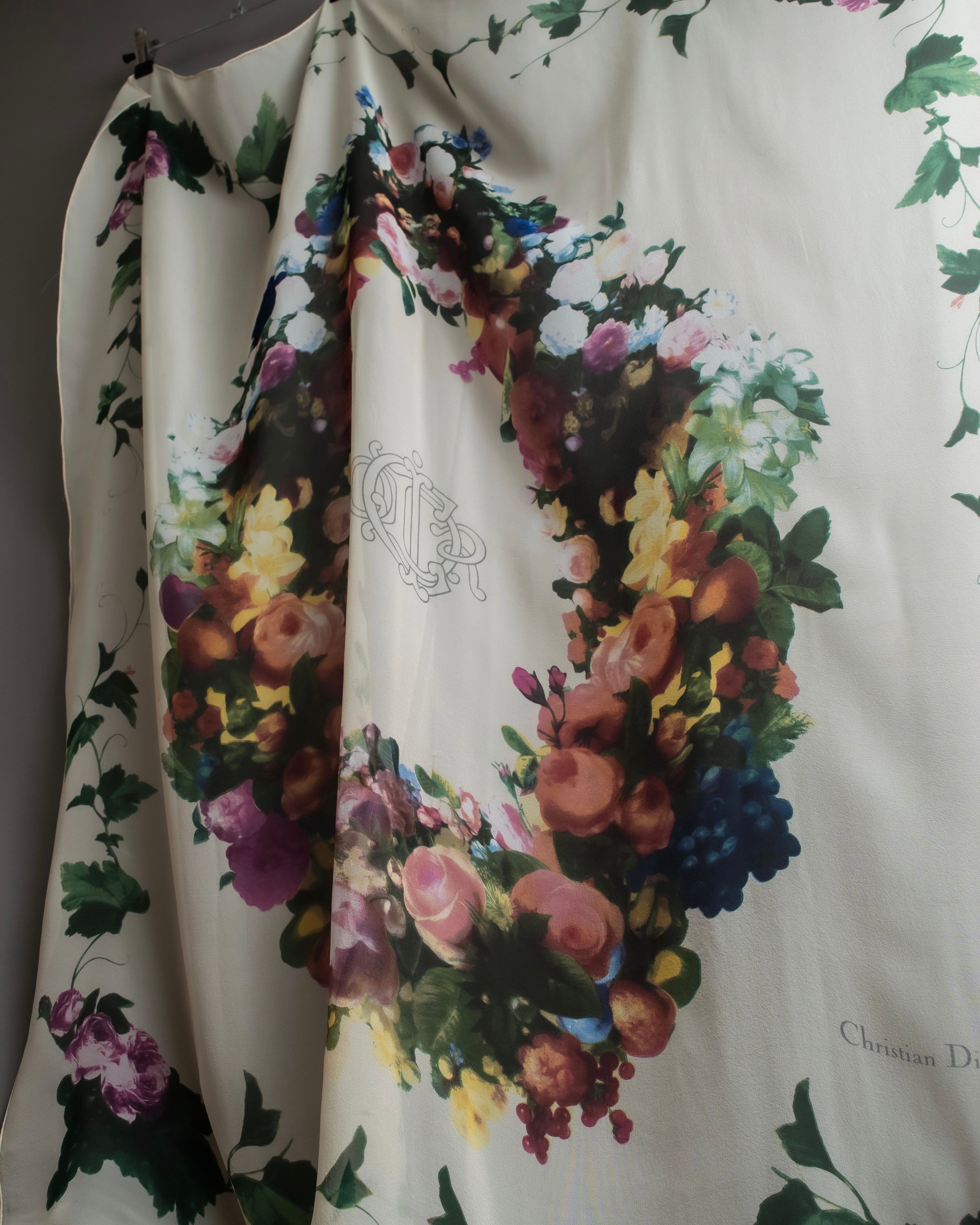 "Christian Dior" Wreath floral design silk scarf