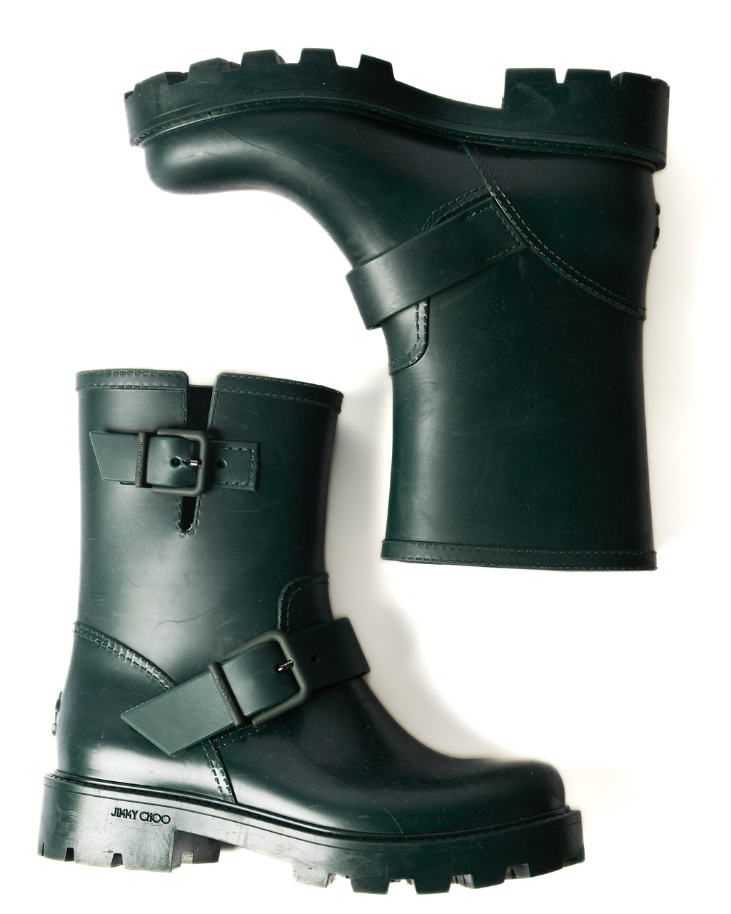 JIMMY CHOO/ Belts Detailed Rubber Rain Boots Dark Green