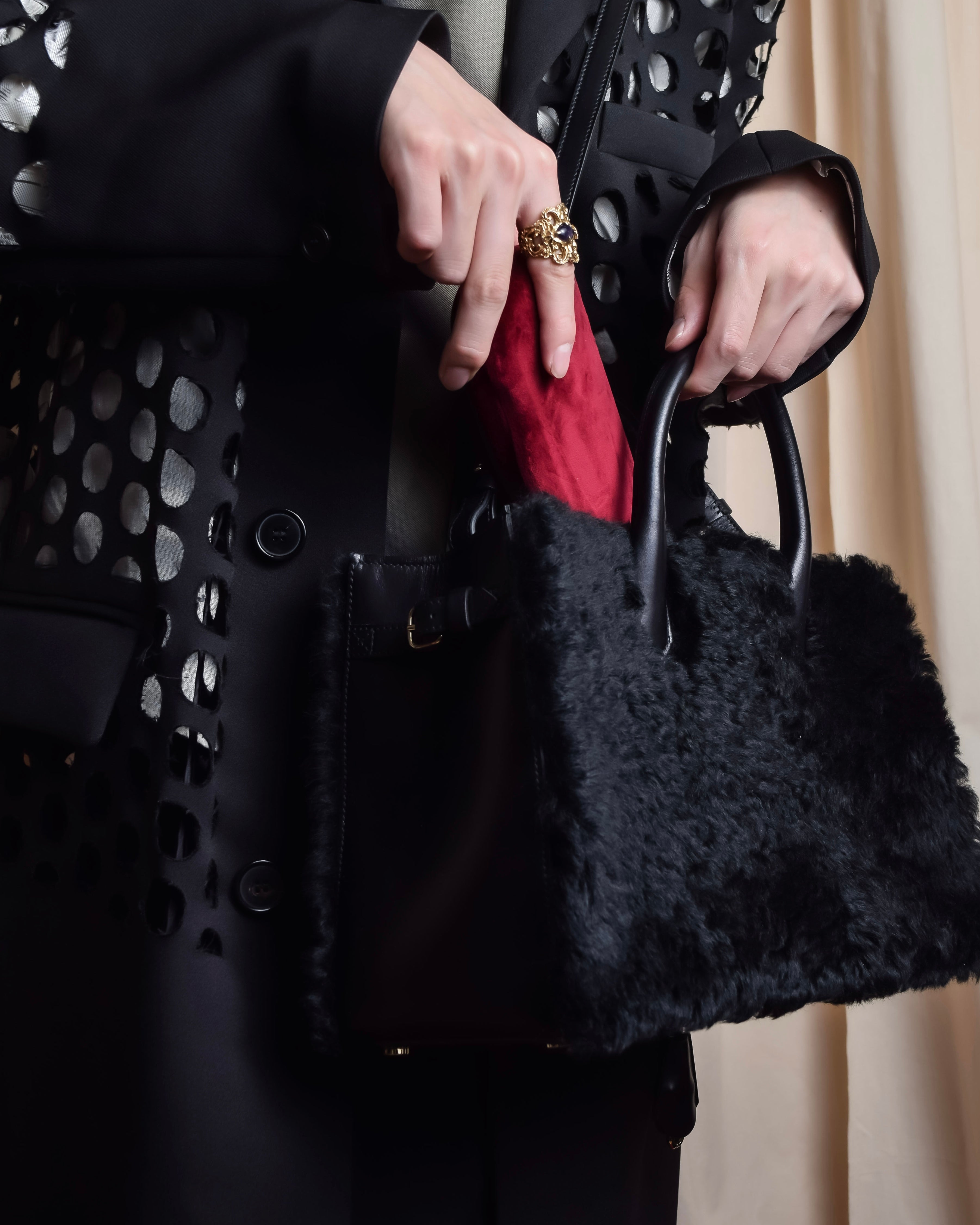 "BALENCIAGA" Padlock design shearling leather bag