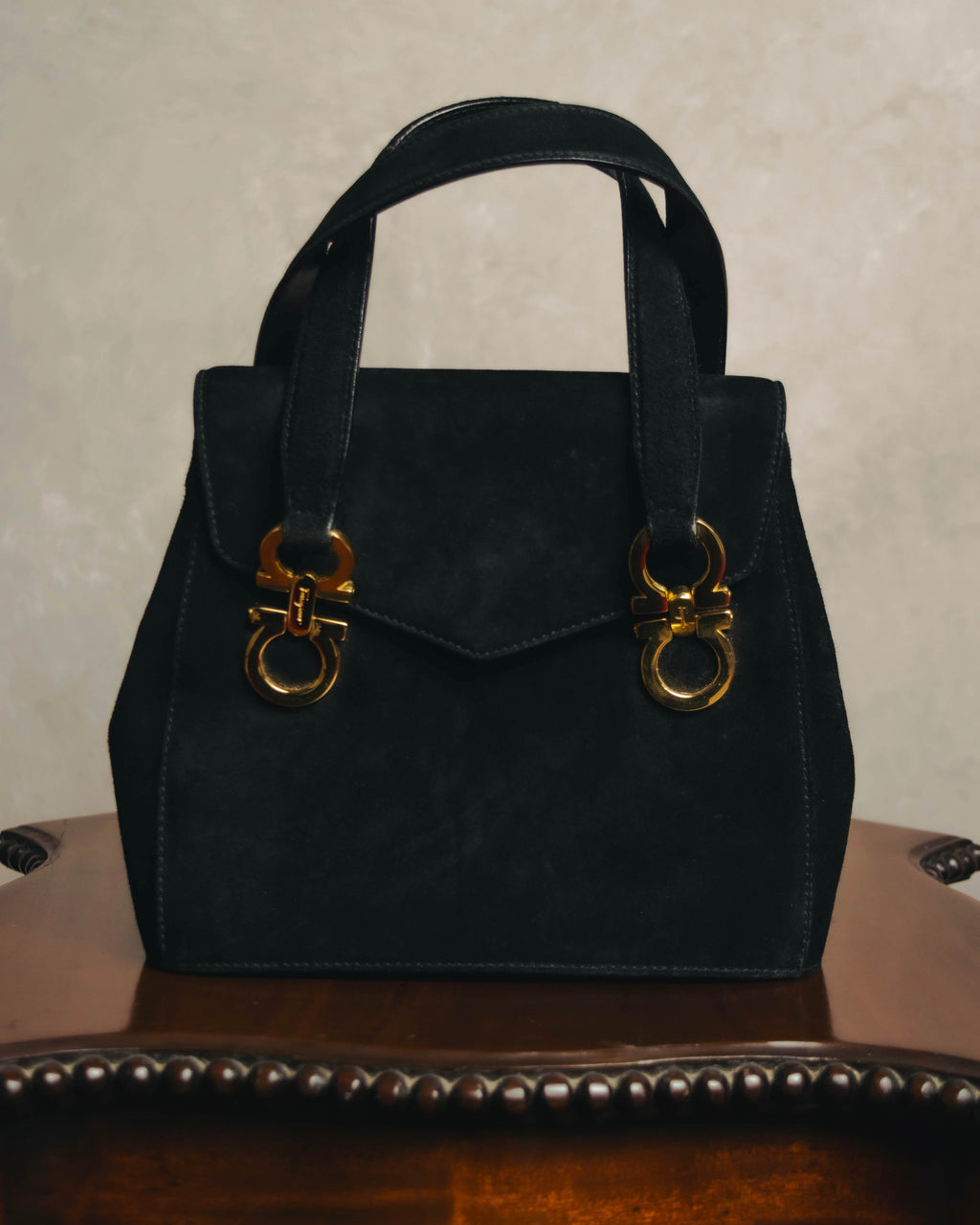 "Salvatore Ferragamo" 90's Black suede top handle handbag