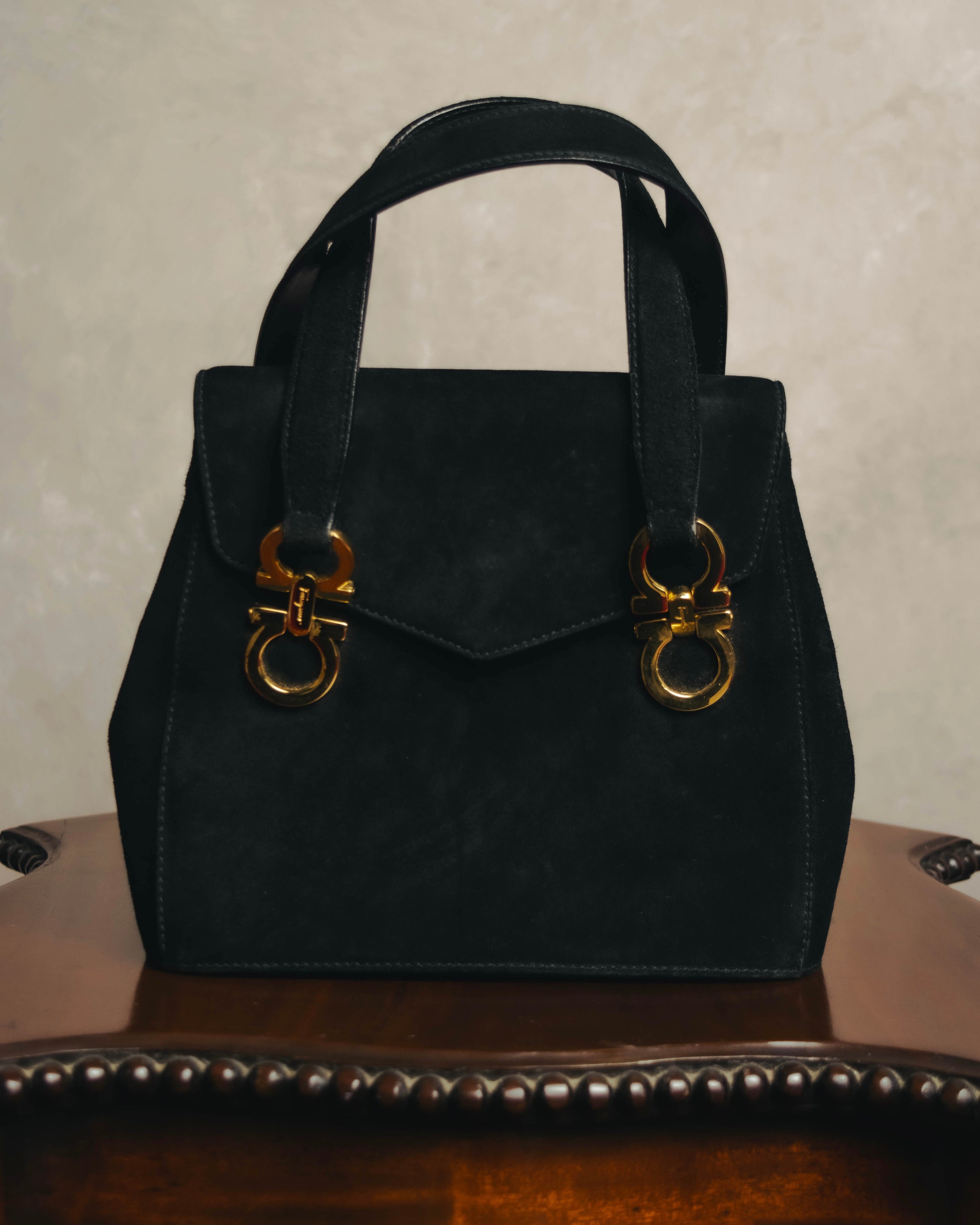 "Salvatore Ferragamo" 90's Black suede top handle handbag