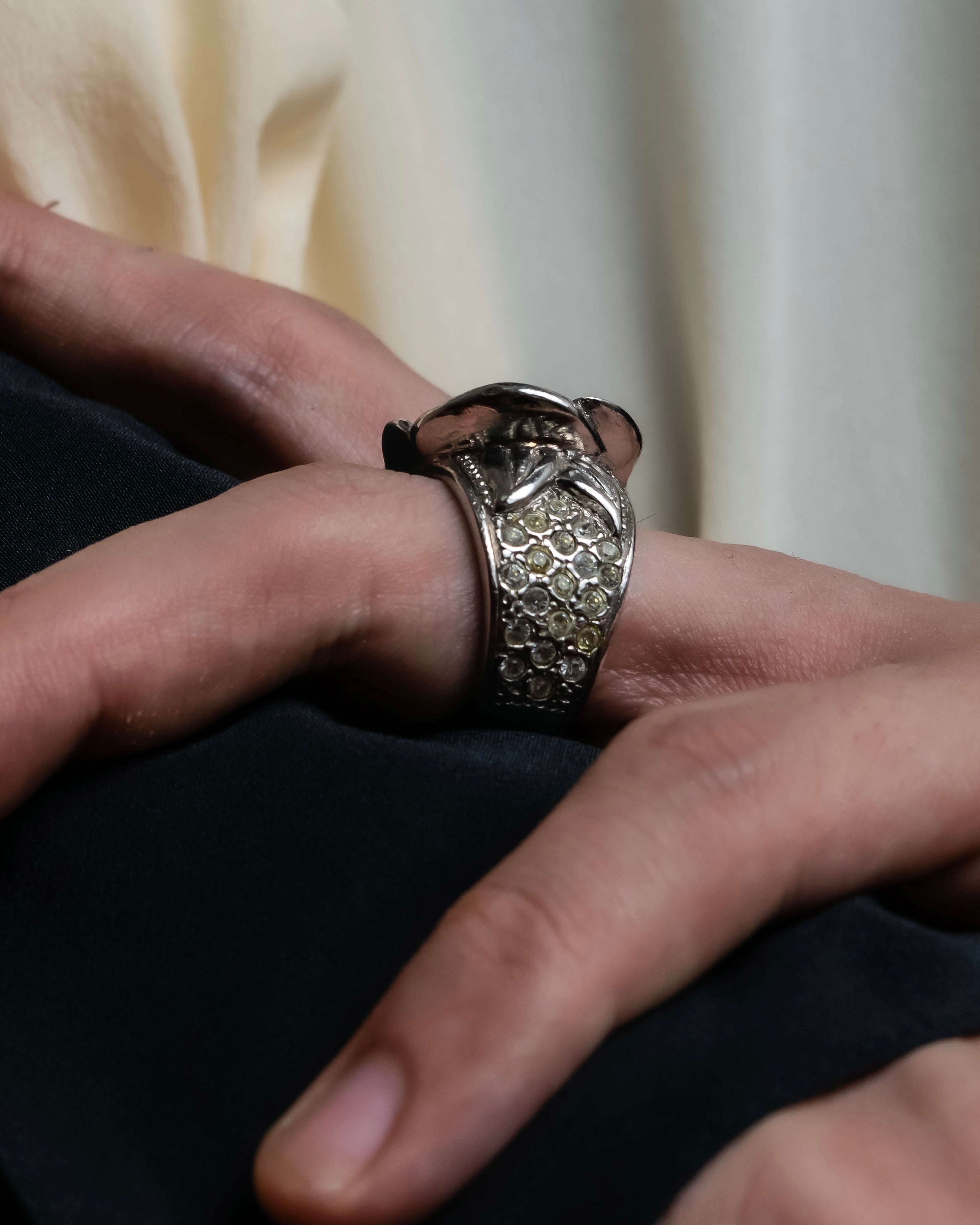 "CHANEL" Camellia motif rhine stone coco mark ring