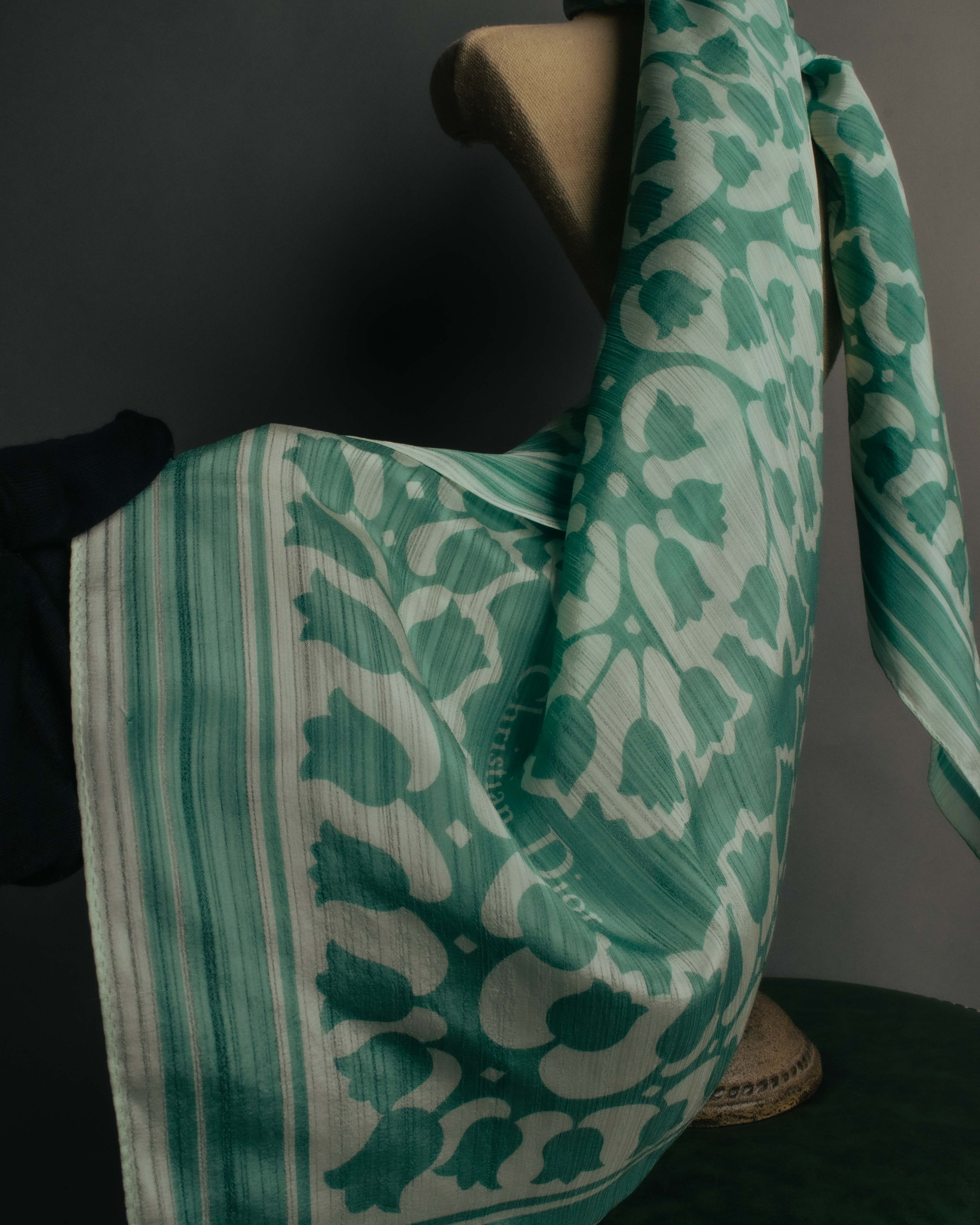 "Christian Dior" 85's-95's Vintage emerald tulip botanical silk shantung scarf