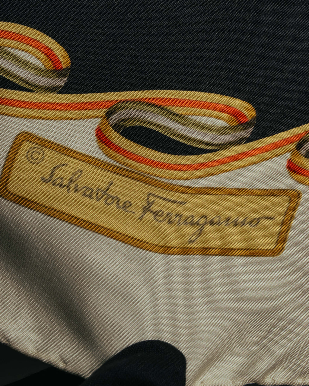 "Salvatore Ferragamo" 90's-00's Vintage arctic fauna and scrolling ribbon silk scarf