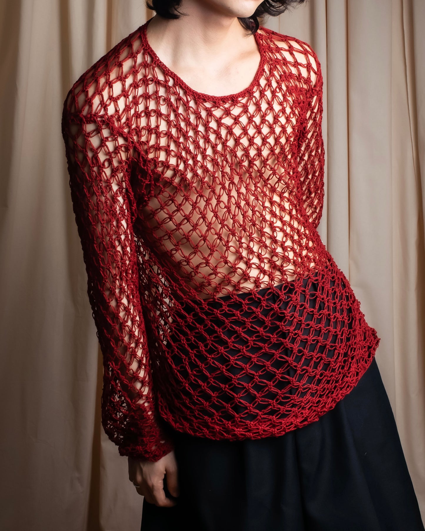 "Y's" Vivid red color mesh knit pullover