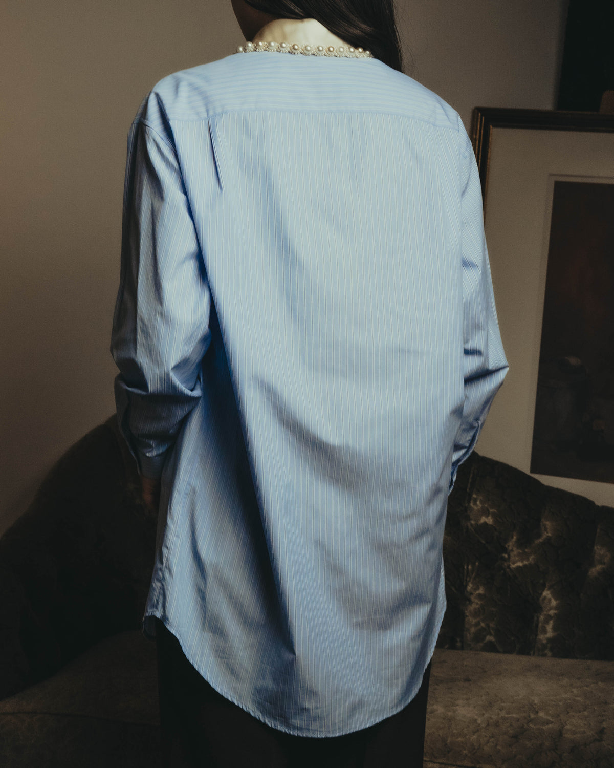 -SPECIAL- "GUCCI" 2010's-20's Pearl embellished detachable collar striped long shirt