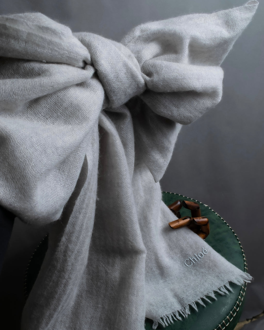 "Chloe" Fringe design light gray sheer material stole