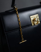 "CELINE" 80's-90's Square silhouette gold parts design leather hand bag