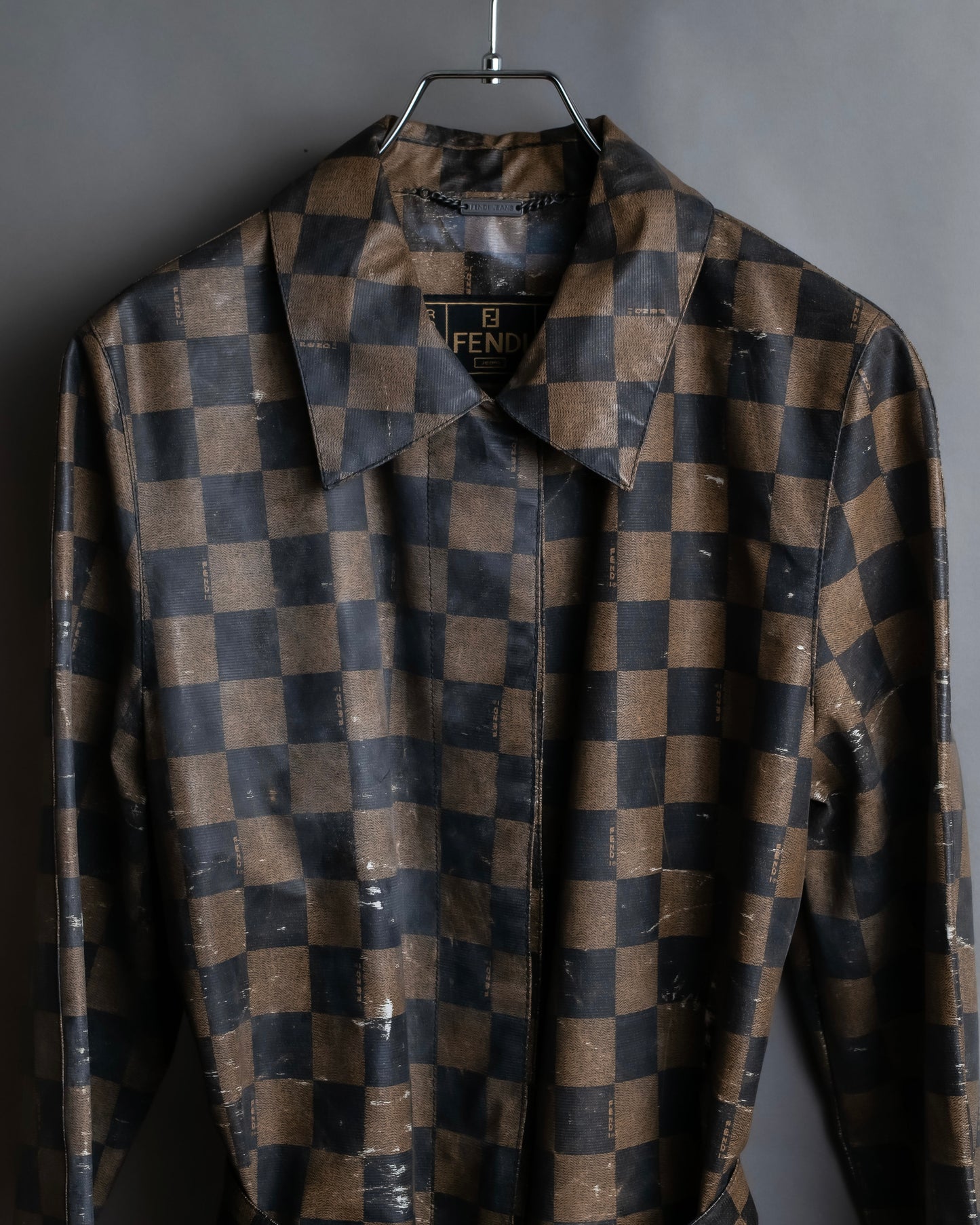 "FENDI" Pecan checkered belted mid length coat